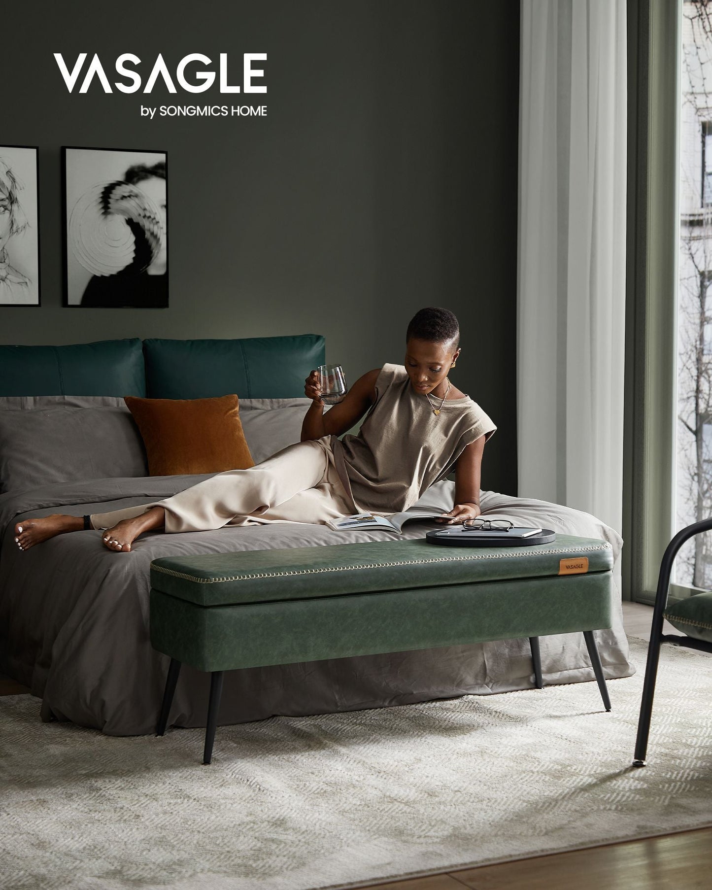 EKHO Collection - Storage Ottoman Bench with Steel Legs, Forest Green