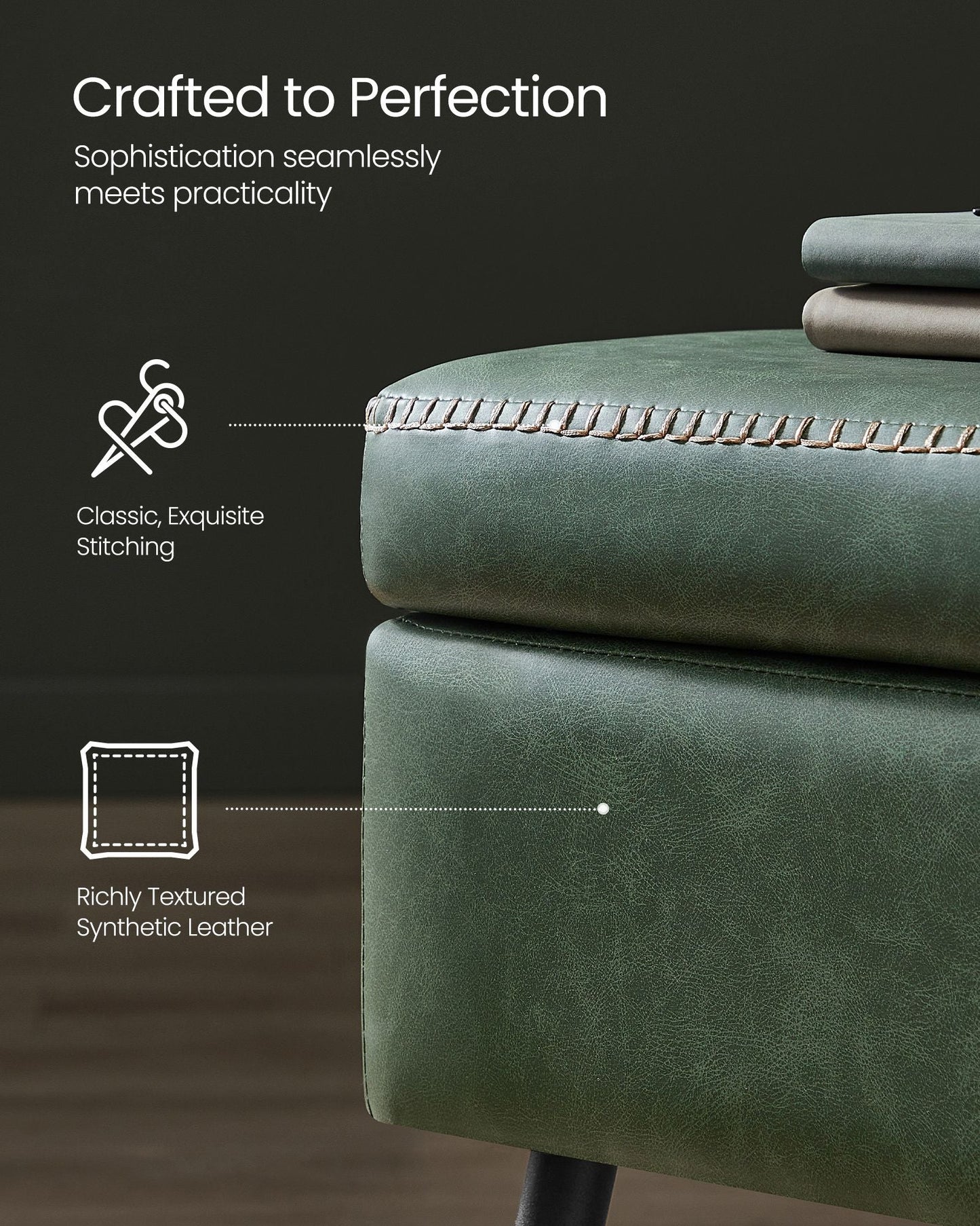 EKHO Collection - Storage Ottoman Bench with Steel Legs, Forest Green