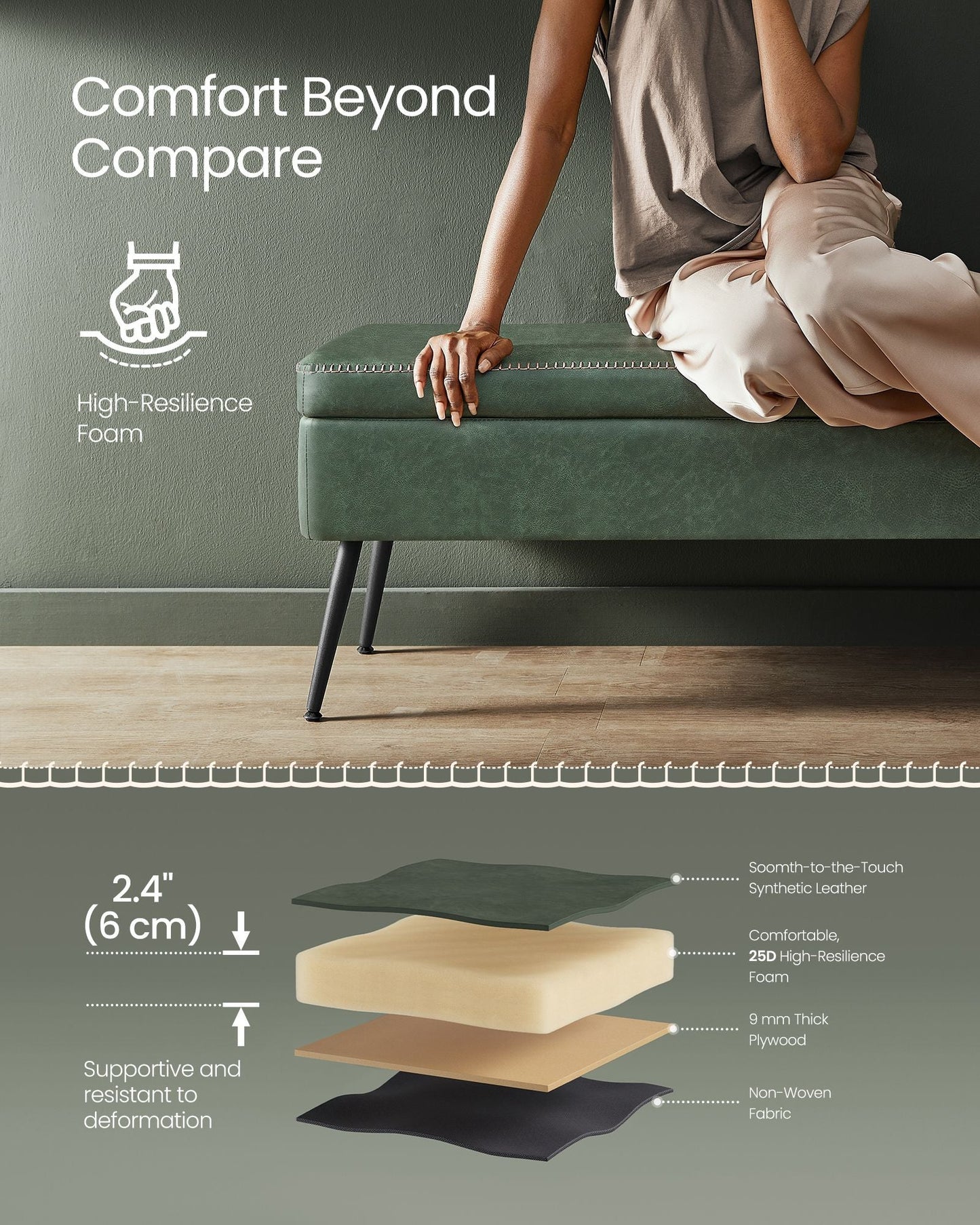 EKHO Collection - Storage Ottoman Bench with Steel Legs, Forest Green