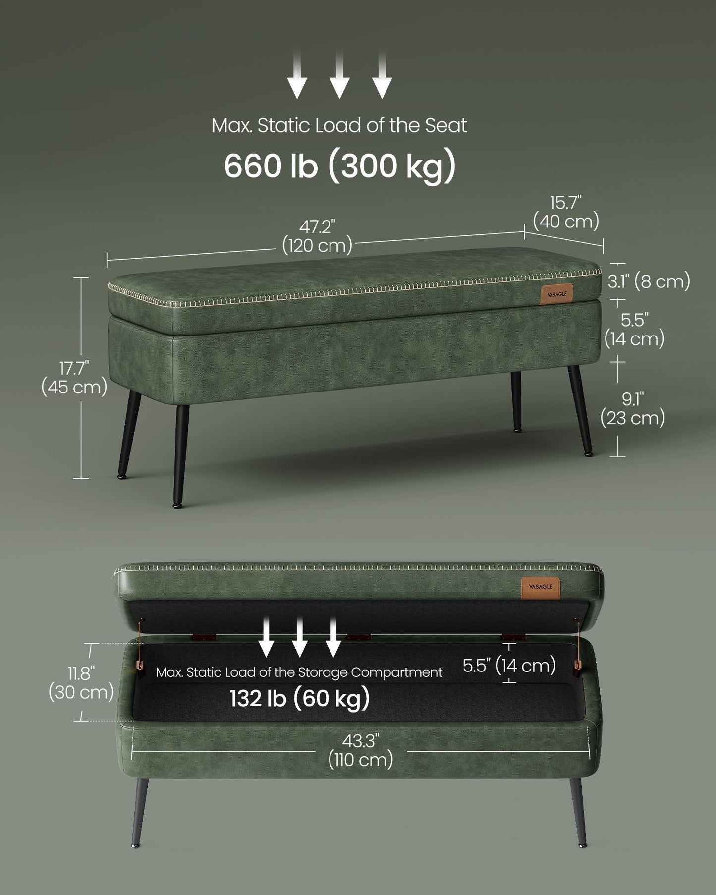 EKHO Collection - Storage Ottoman Bench with Steel Legs, Forest Green