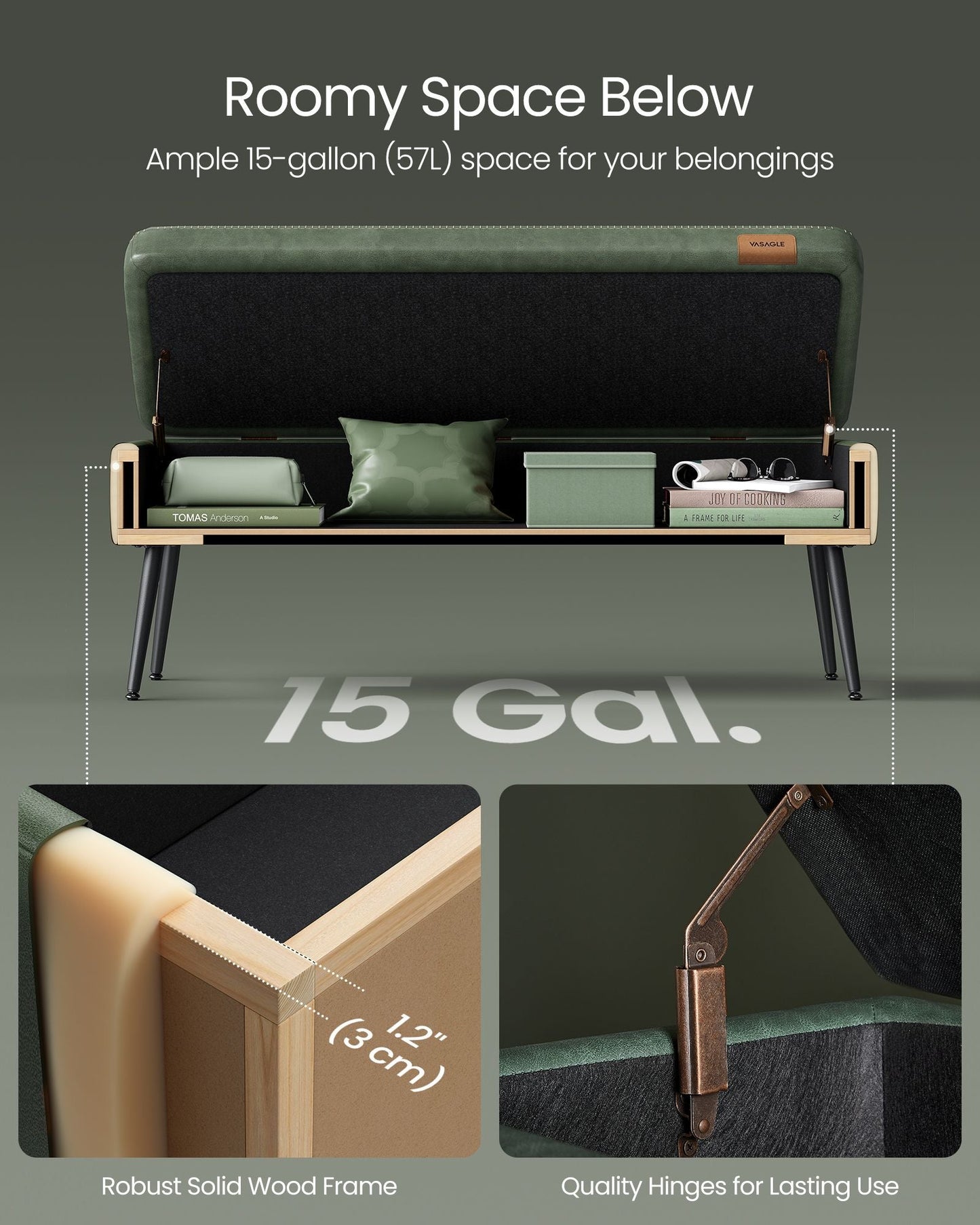 EKHO Collection - Storage Ottoman Bench with Steel Legs, Forest Green