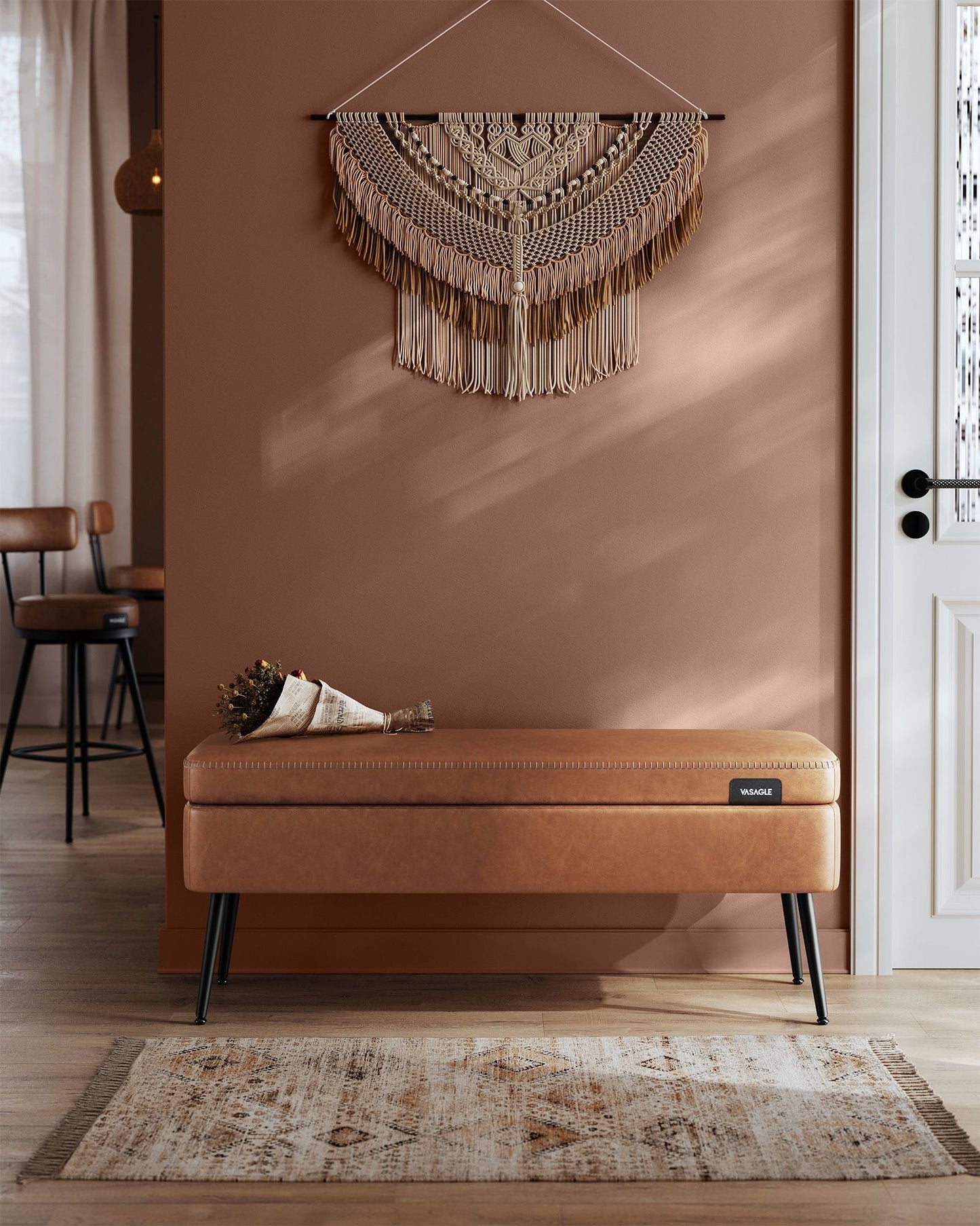 EKHO Collection - Storage Ottoman Bench with Steel Legs, Caramel Brown