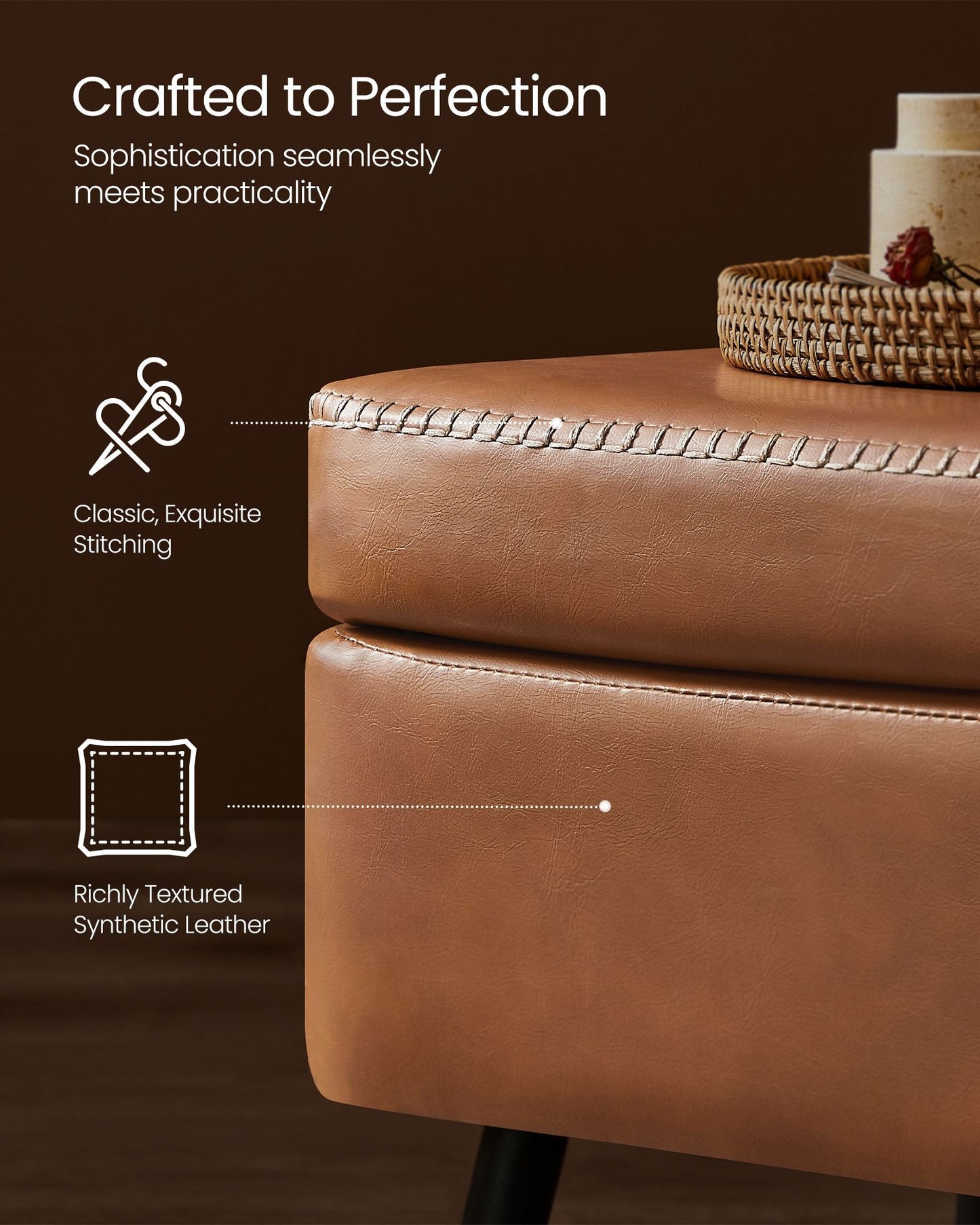 EKHO Collection - Storage Ottoman Bench with Steel Legs, Caramel Brown