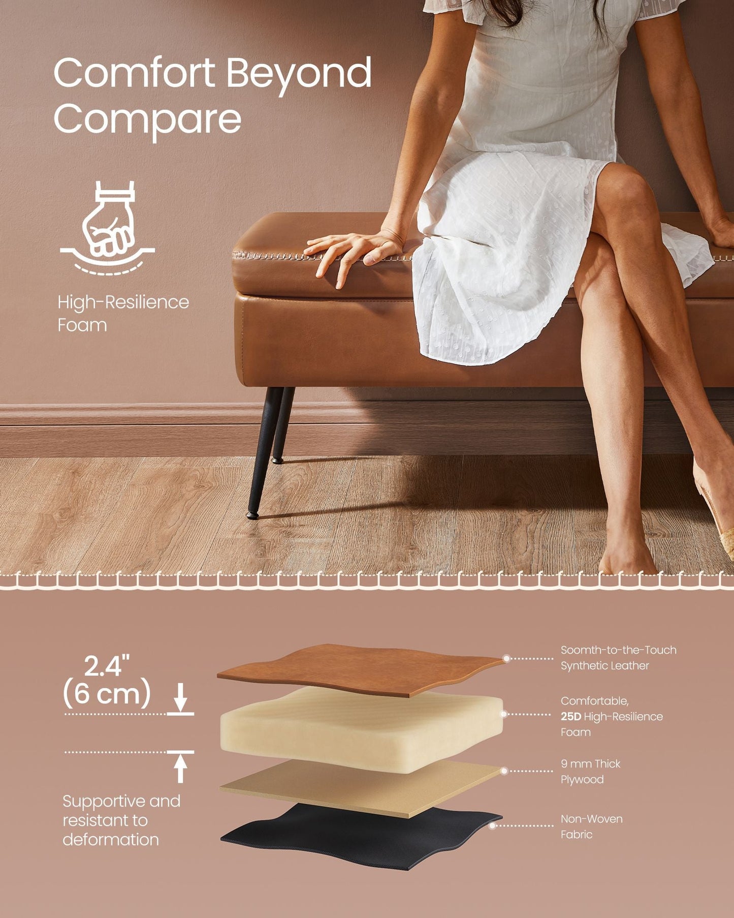 EKHO Collection - Storage Ottoman Bench with Steel Legs, Caramel Brown