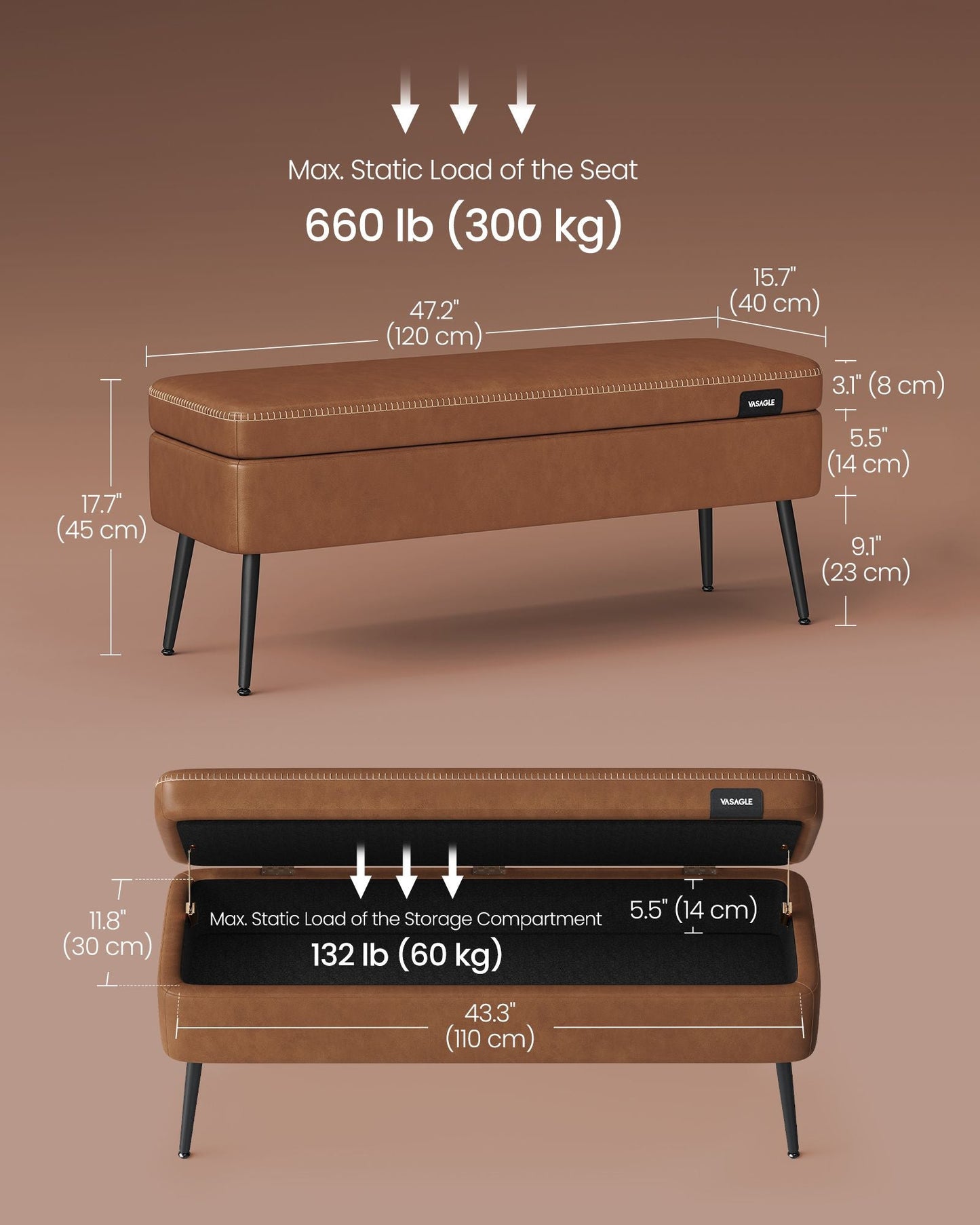 EKHO Collection - Storage Ottoman Bench with Steel Legs, Caramel Brown