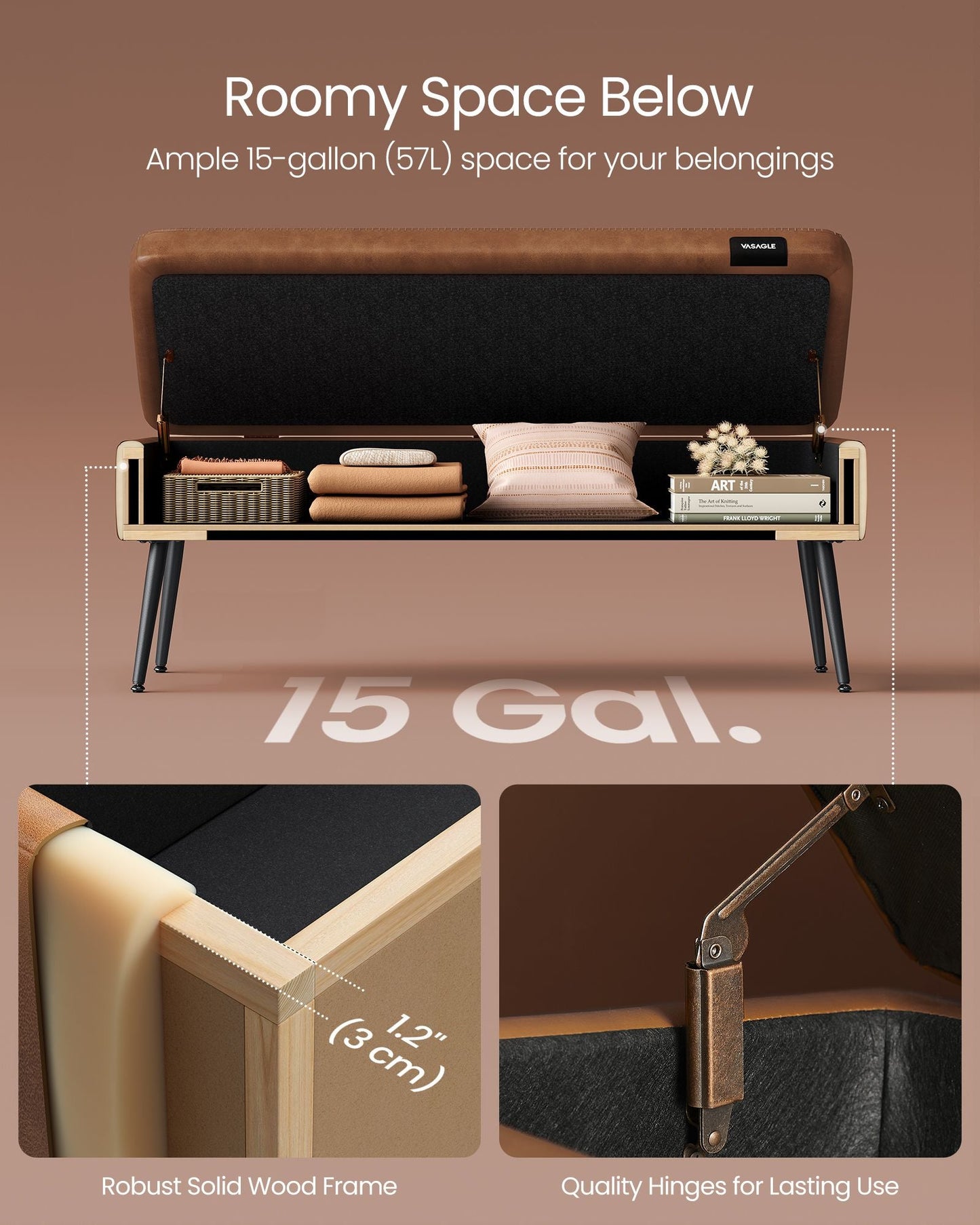 EKHO Collection - Storage Ottoman Bench with Steel Legs, Caramel Brown