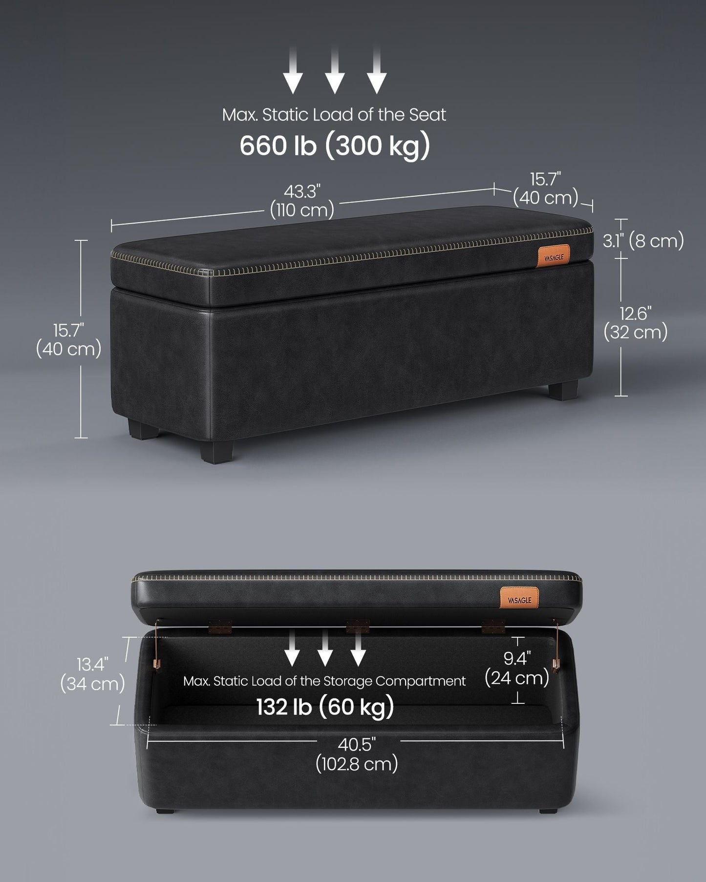 EKHO Collection - Storage Ottoman Bench, Ink Black