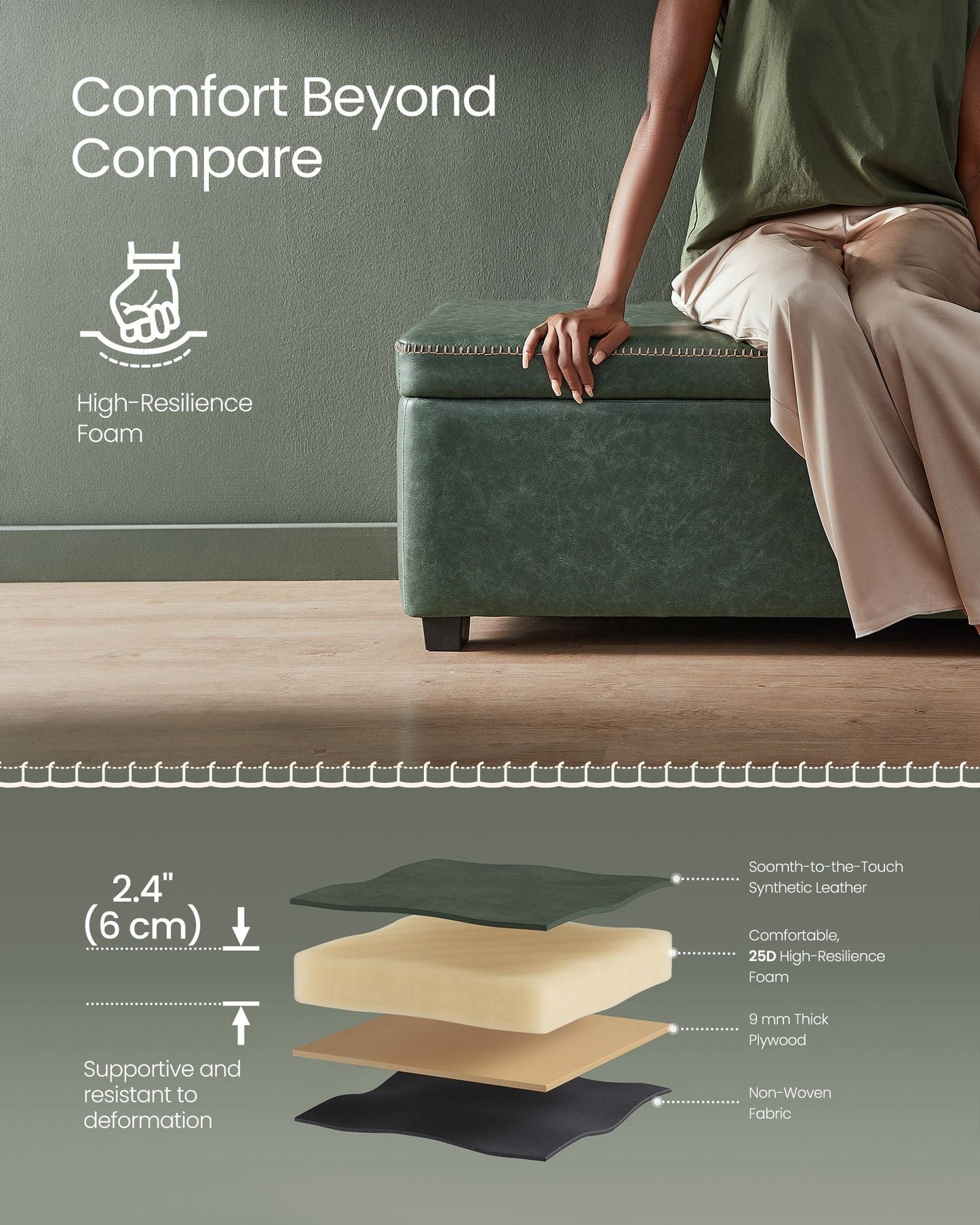 EKHO Collection - Storage Ottoman Bench, Forest Green