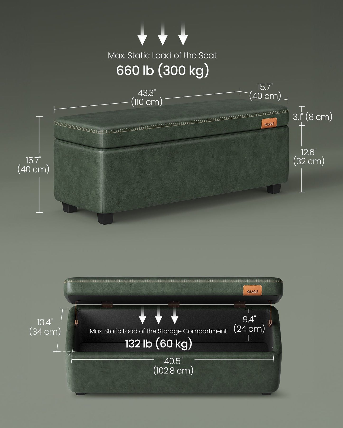 EKHO Collection - Storage Ottoman Bench, Forest Green