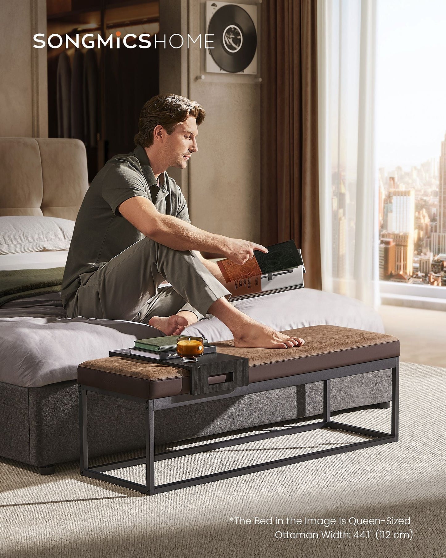 LUIZ Collection - Ottoman Bench with Small Shelf, Walnut Brown