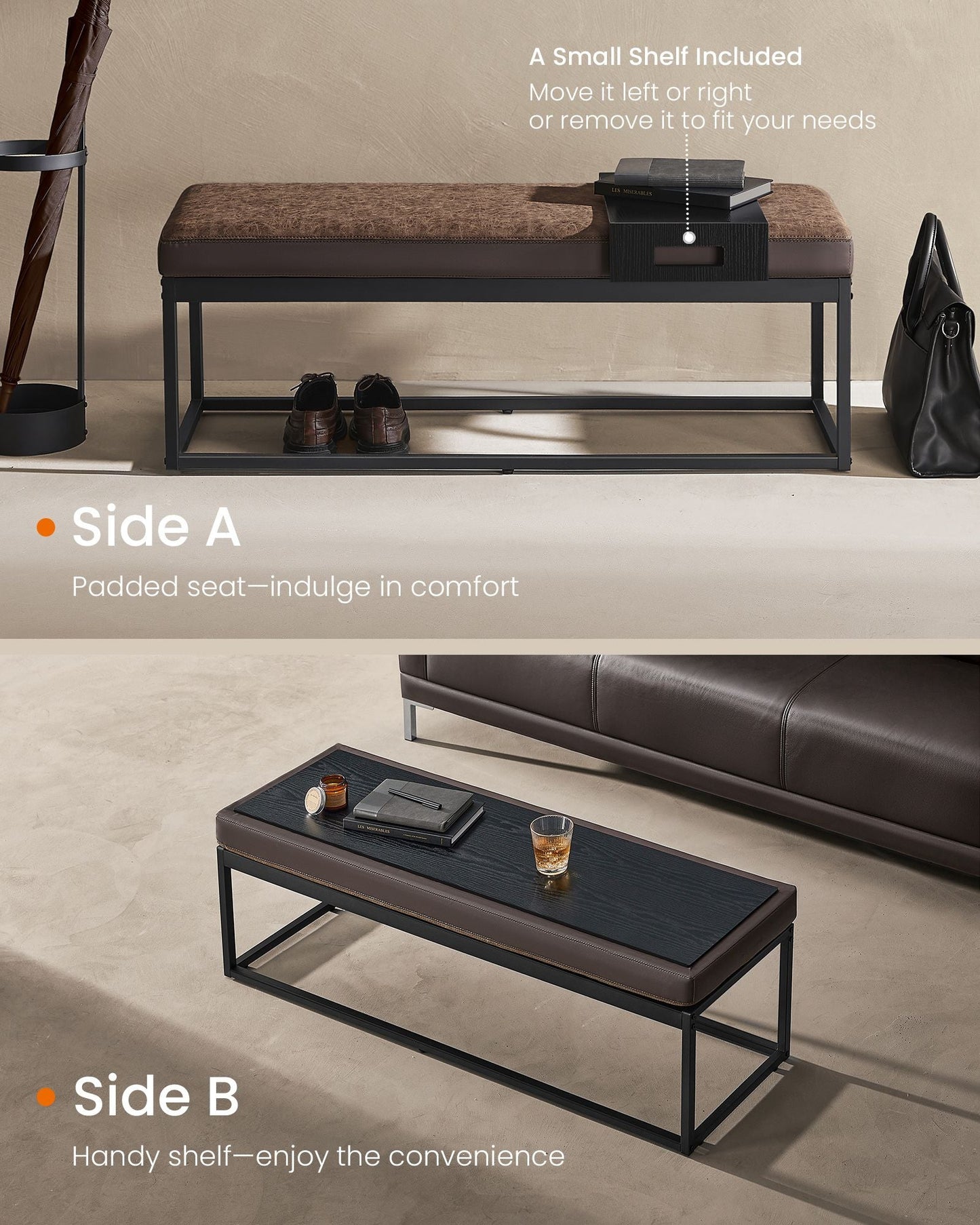 LUIZ Collection - Ottoman Bench with Small Shelf, Walnut Brown