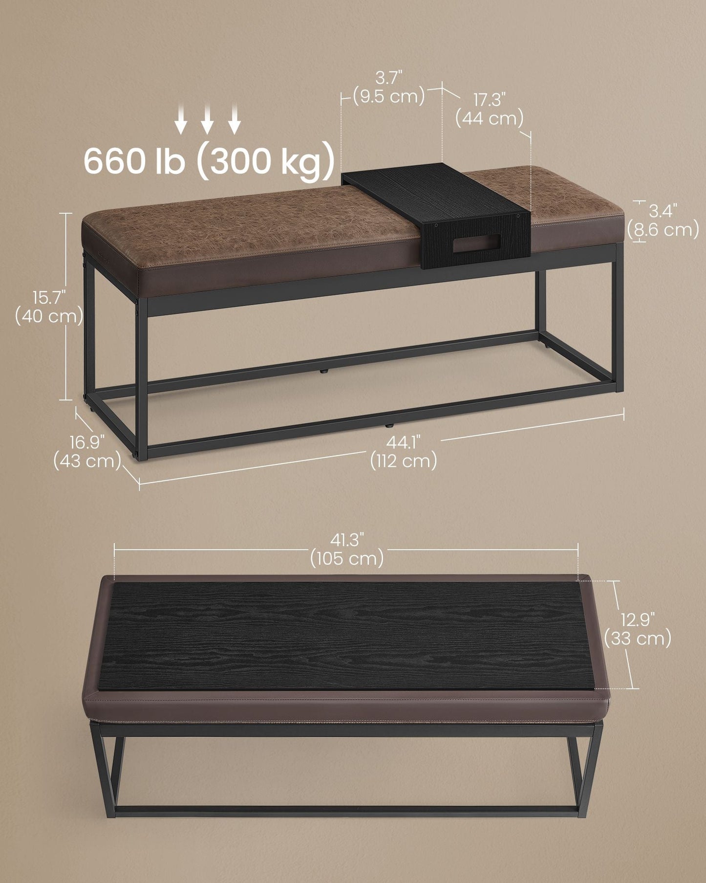 LUIZ Collection - Ottoman Bench with Small Shelf, Walnut Brown