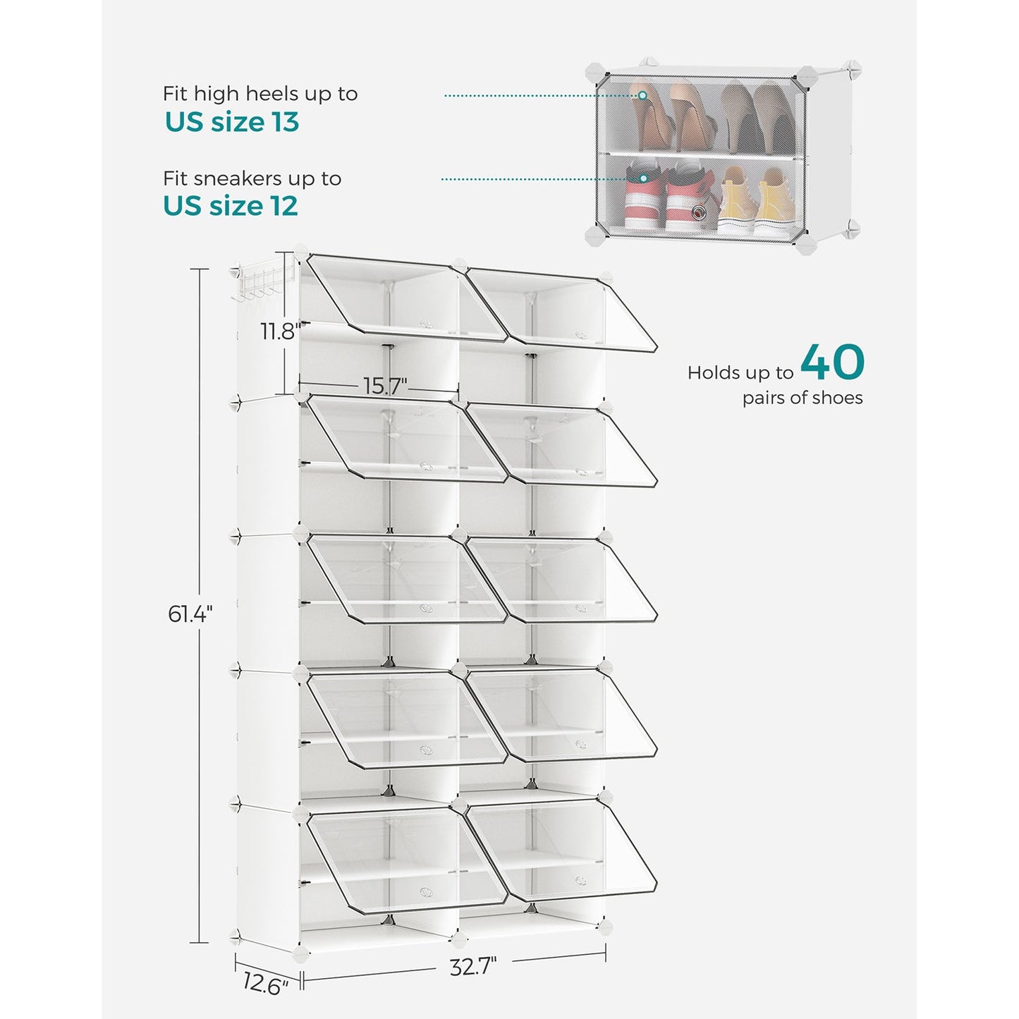 10 Cubes Shoe Organizer with Doors, Holds Up to 40 Pair of Shoes