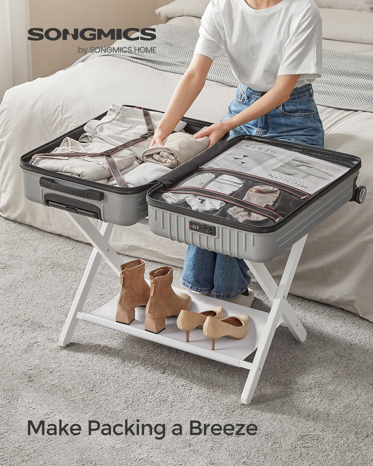 Set of 2 Luggage Racks with Storage Shelves