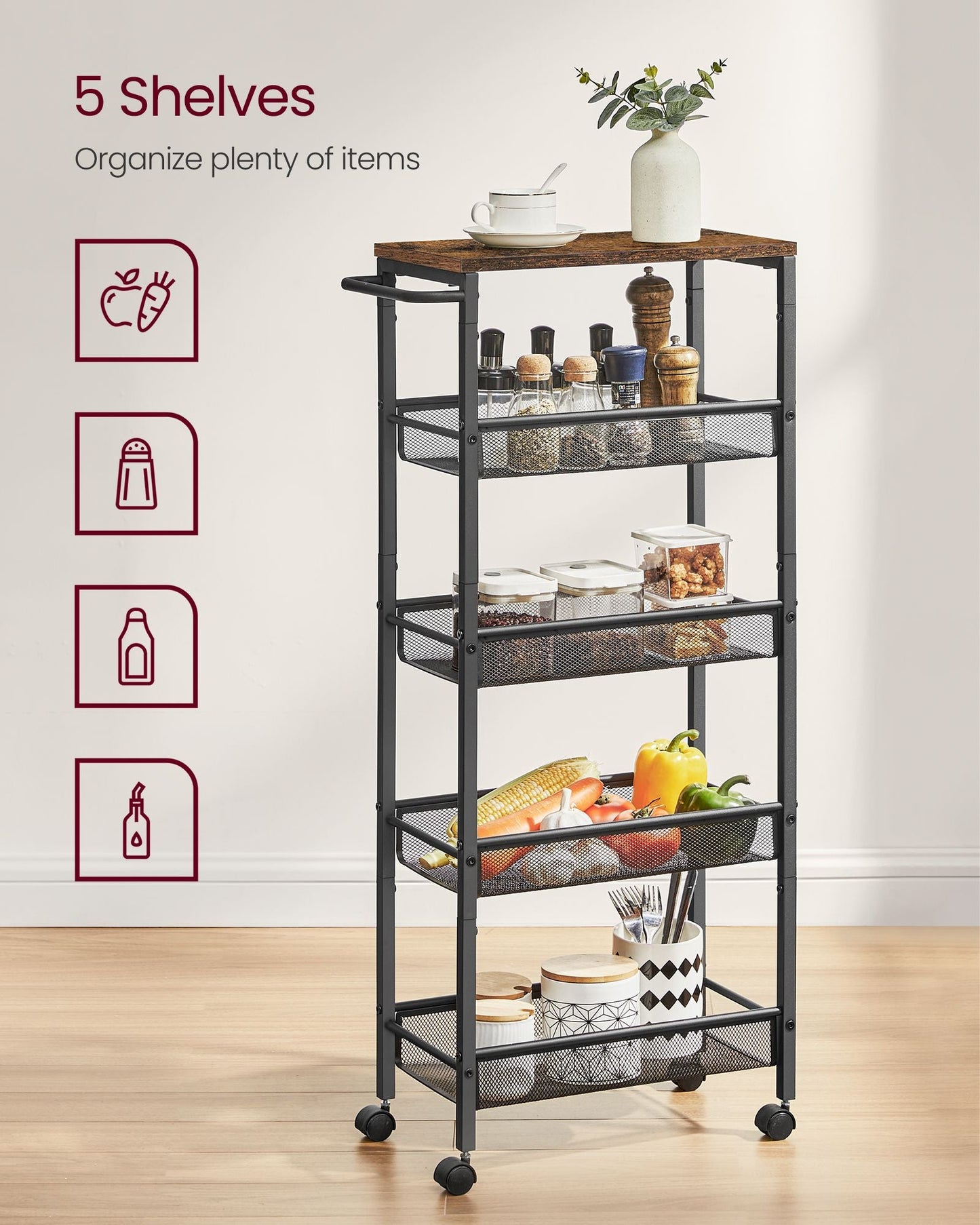 5-Tier Slim Rolling Cart Storage Cart