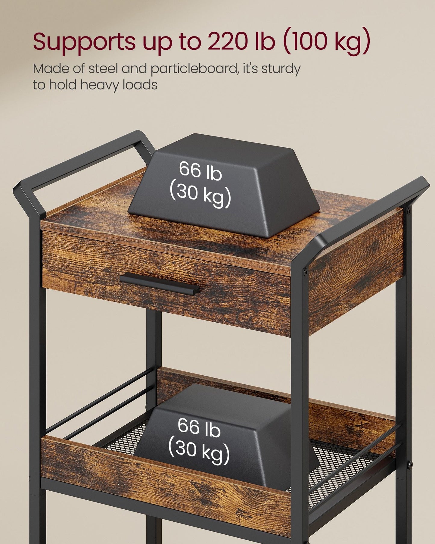3-Tier Rolling Utility Cart with Table Top, Handles