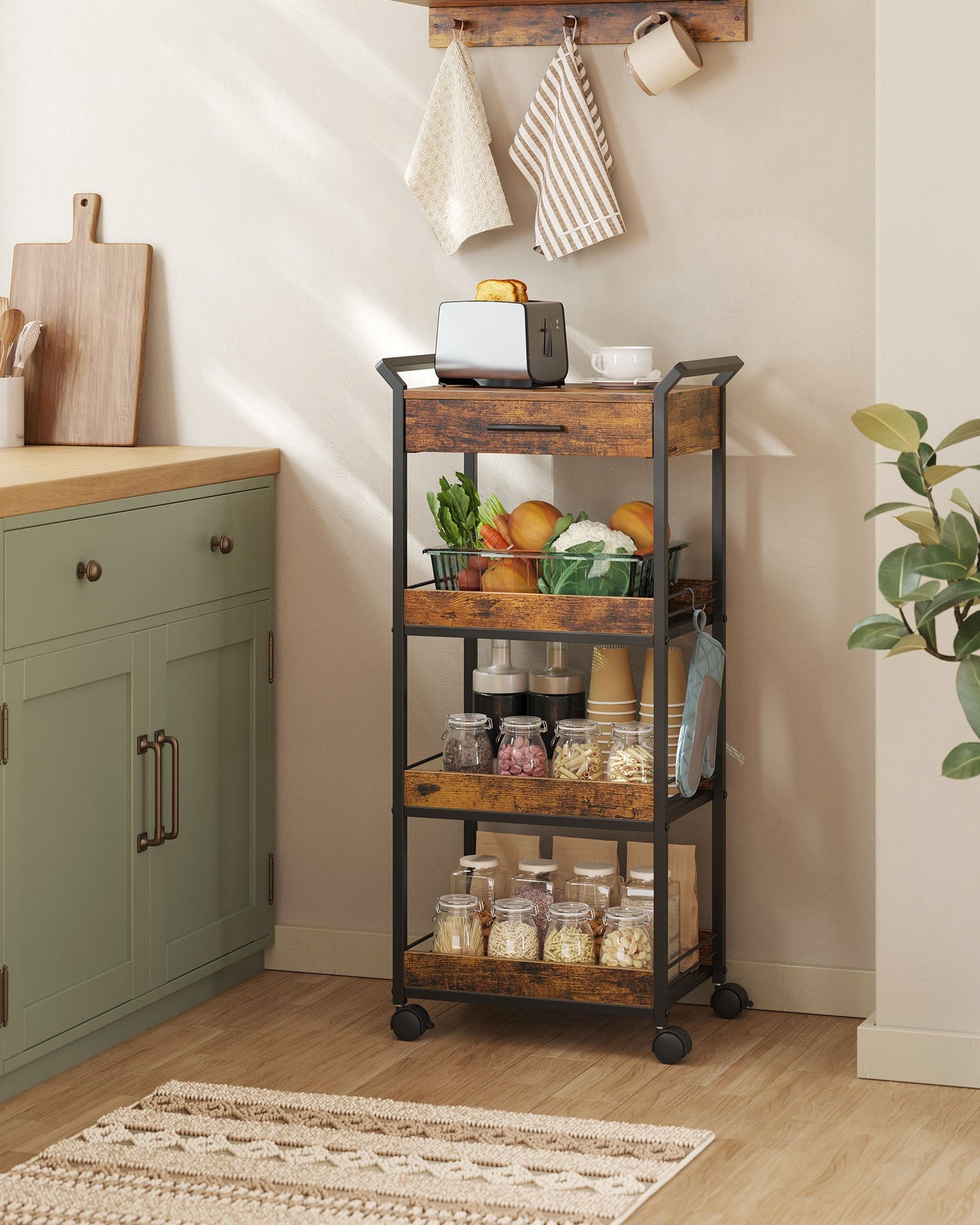 4-Tier Rolling Utility Cart with Table Top, Handles