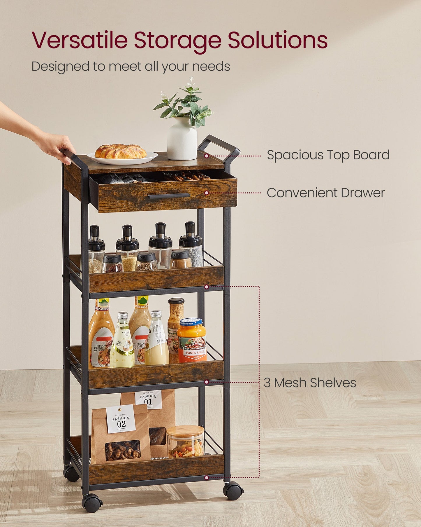 4-Tier Rolling Utility Cart with Table Top, Handles