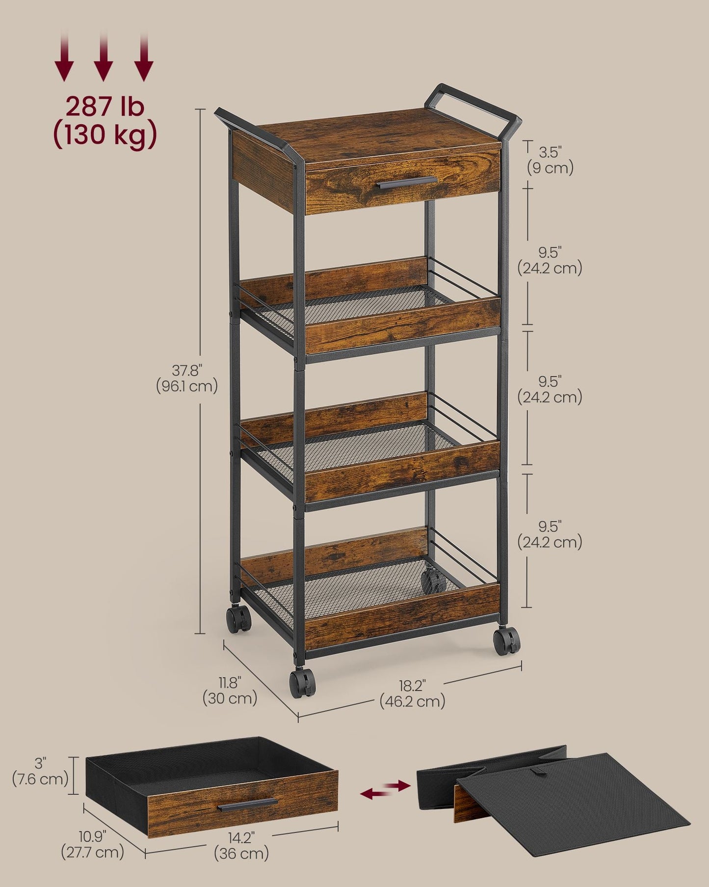 4-Tier Rolling Utility Cart with Table Top, Handles