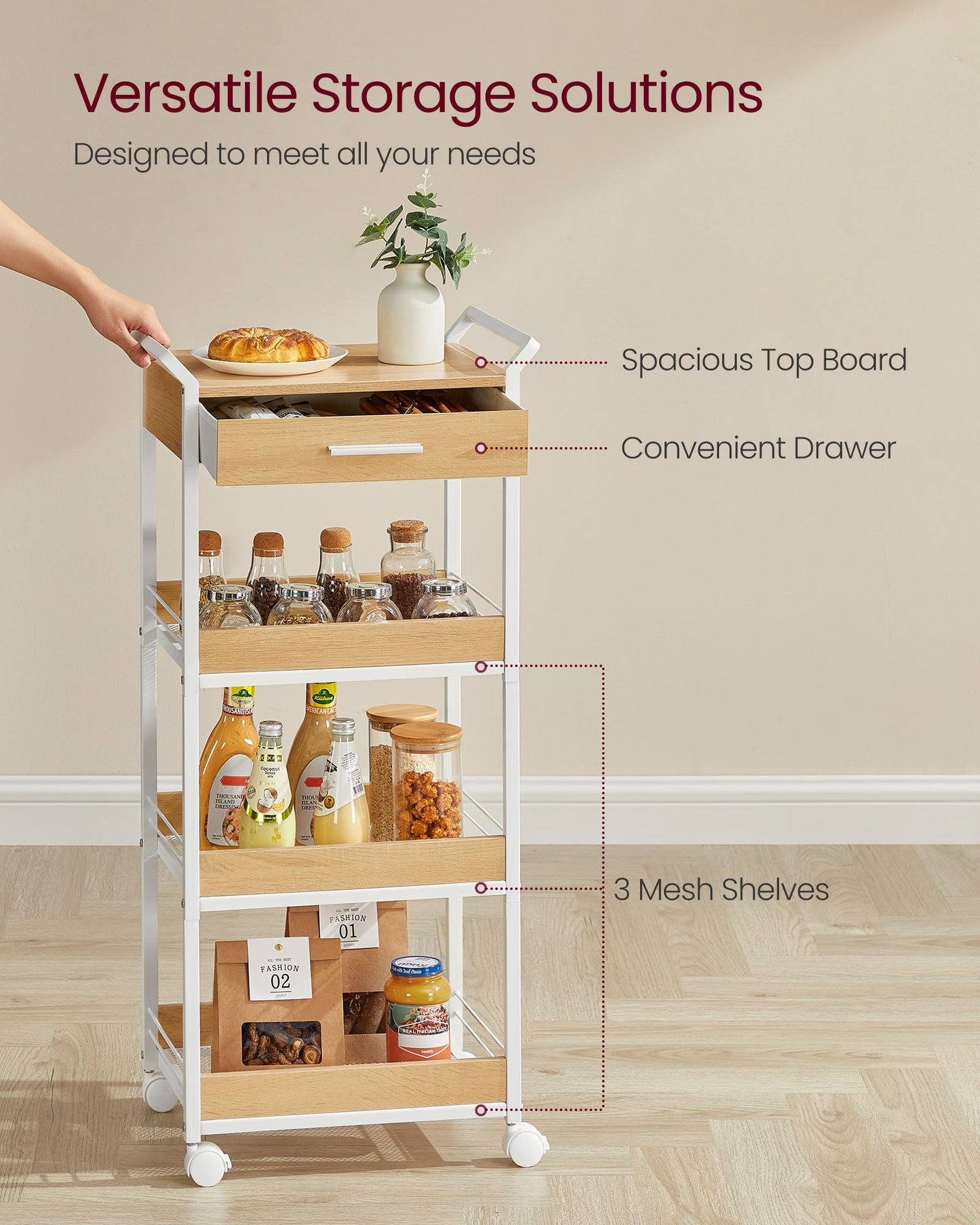4-Tier Rolling Utility Cart with Table Top, Handles