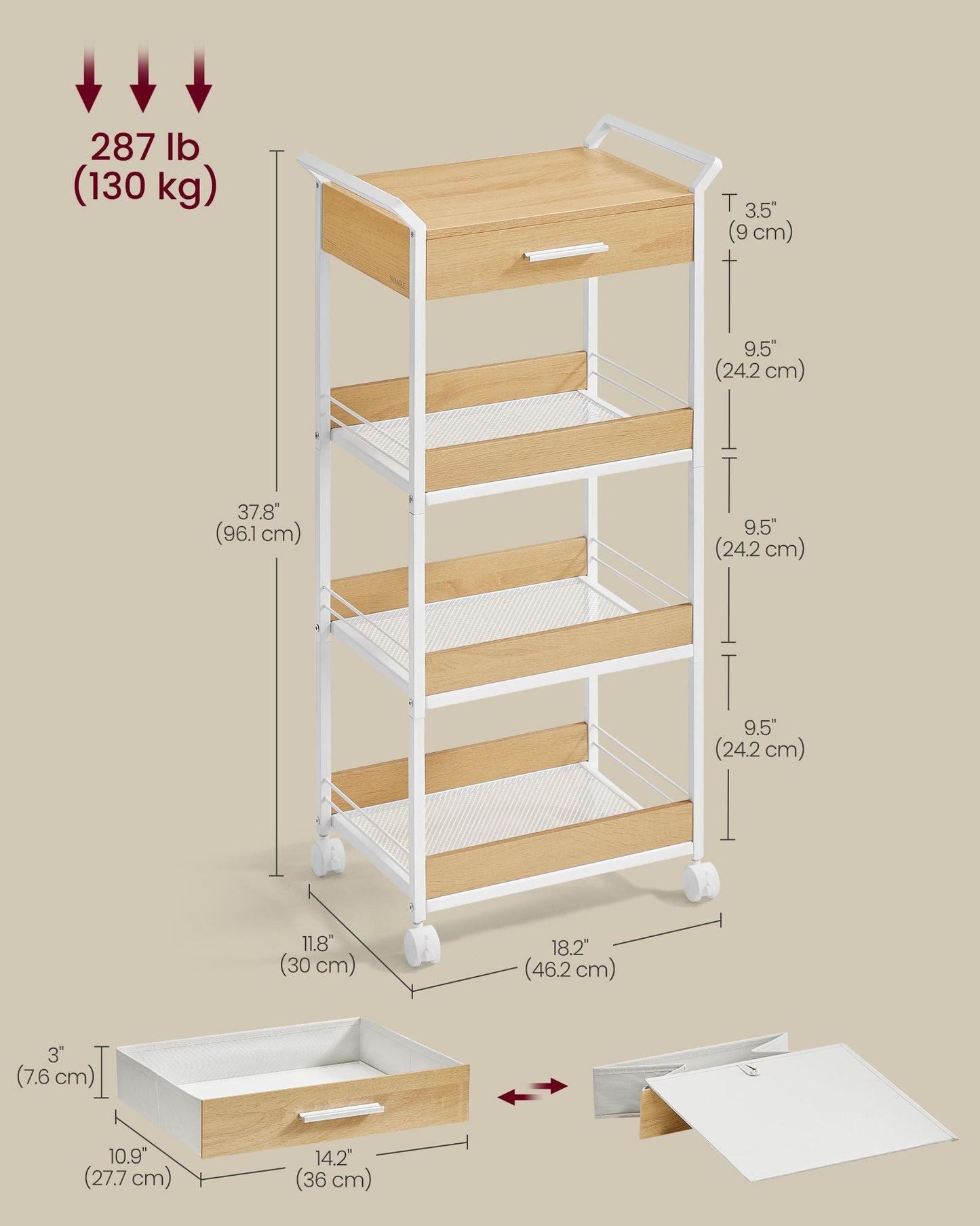 4-Tier Rolling Utility Cart with Table Top, Handles