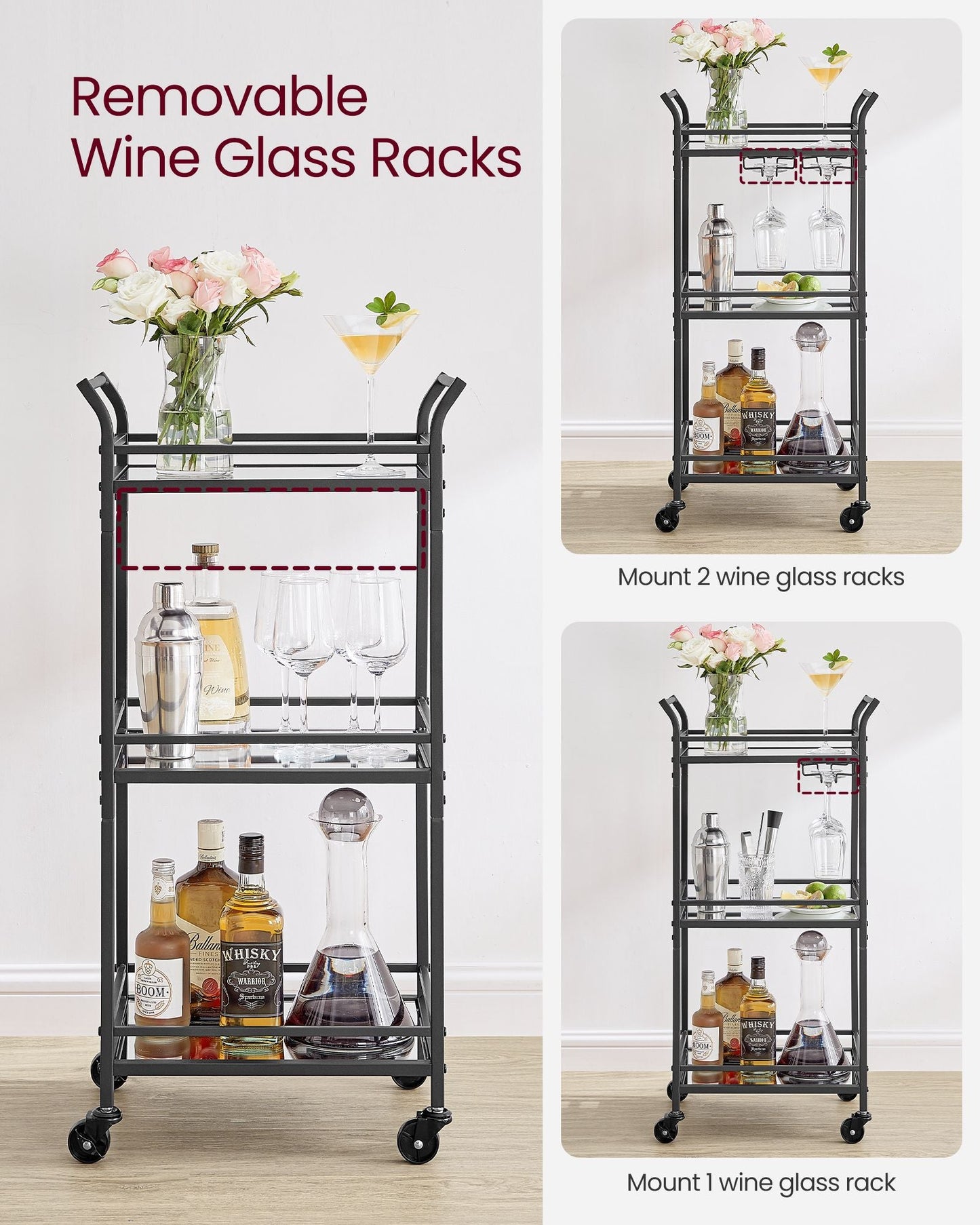 Small Bar Cart With 3-Tier Mirrored Shelf
