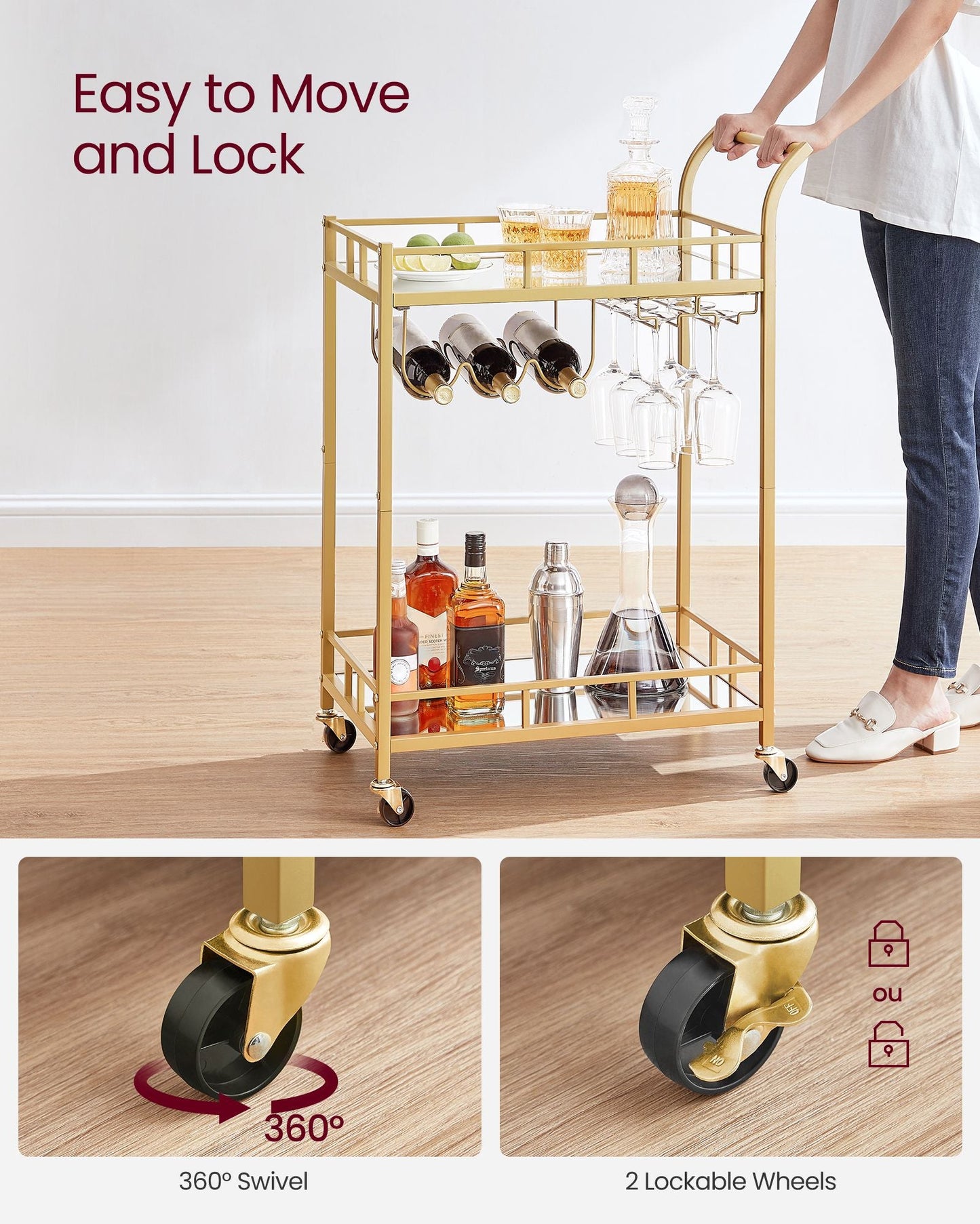Home Bar Serving Cart with 2 Mirrored Shelves