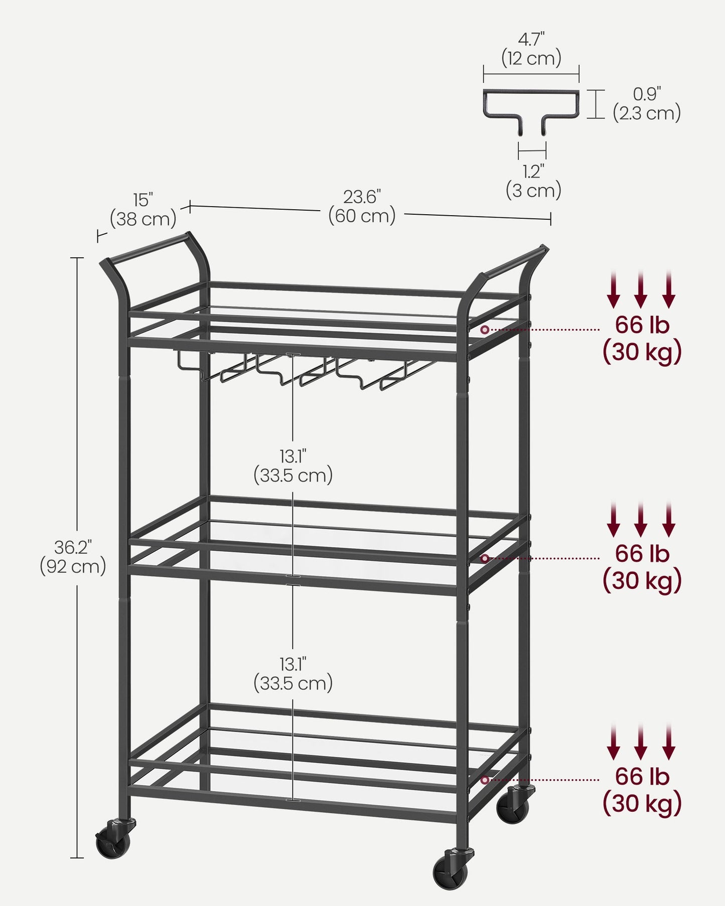 Home Bar Serving Cart with 3-Tier Shelf