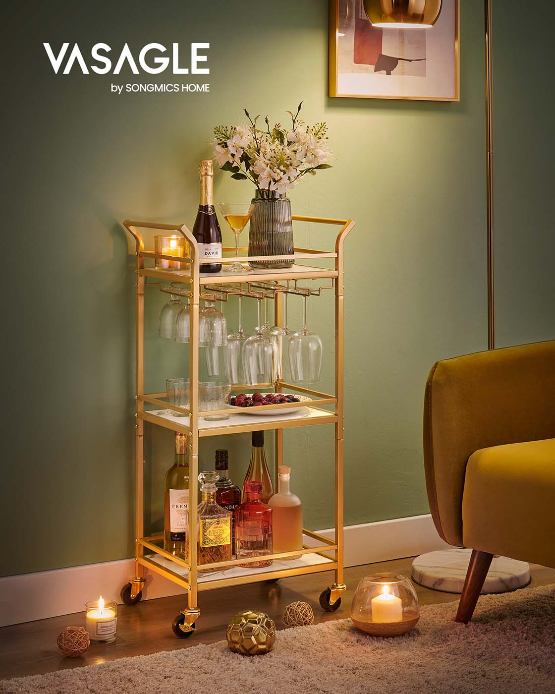 Small Bar Cart with 3-Tier Shelf