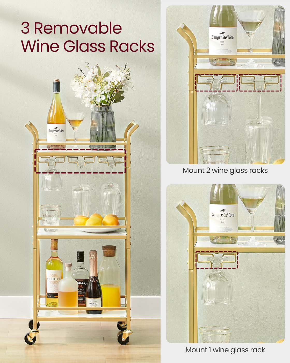 Small Bar Cart with 3-Tier Shelf