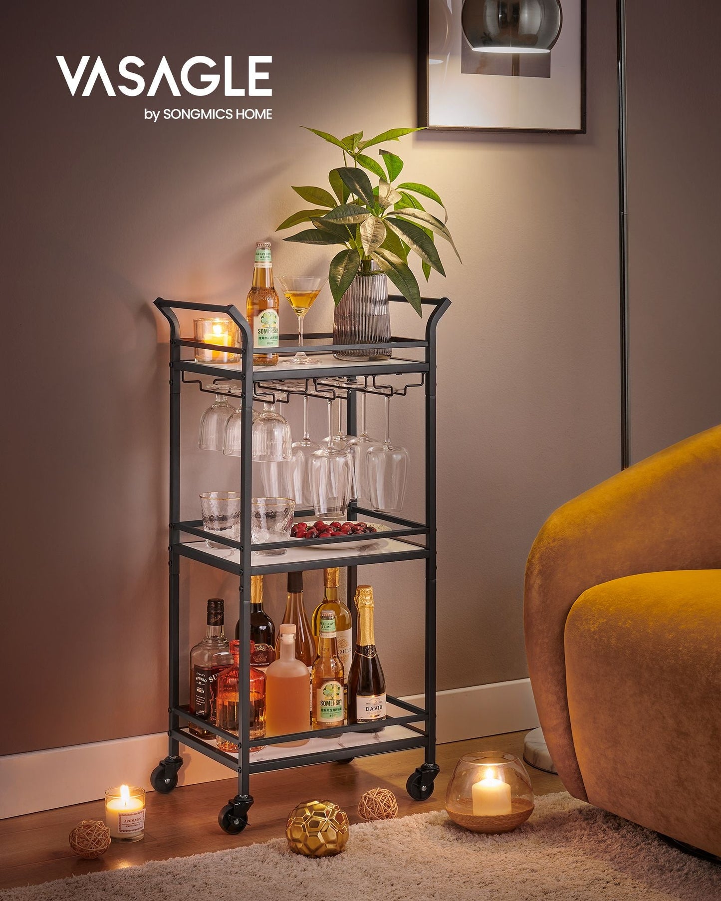 Small Bar Cart with 3-Tier Shelf