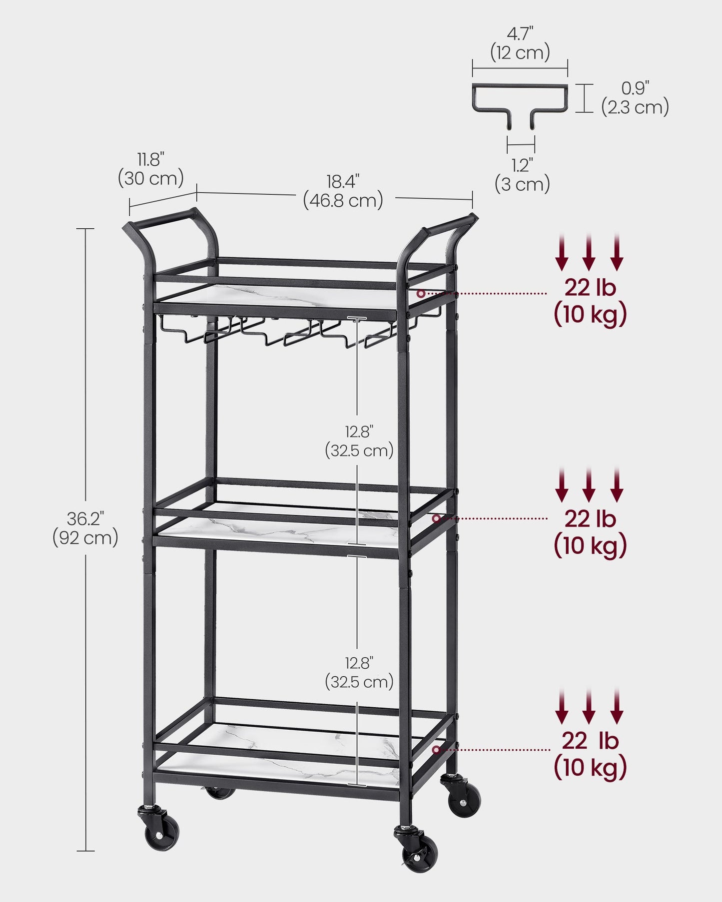Small Bar Cart with 3-Tier Shelf