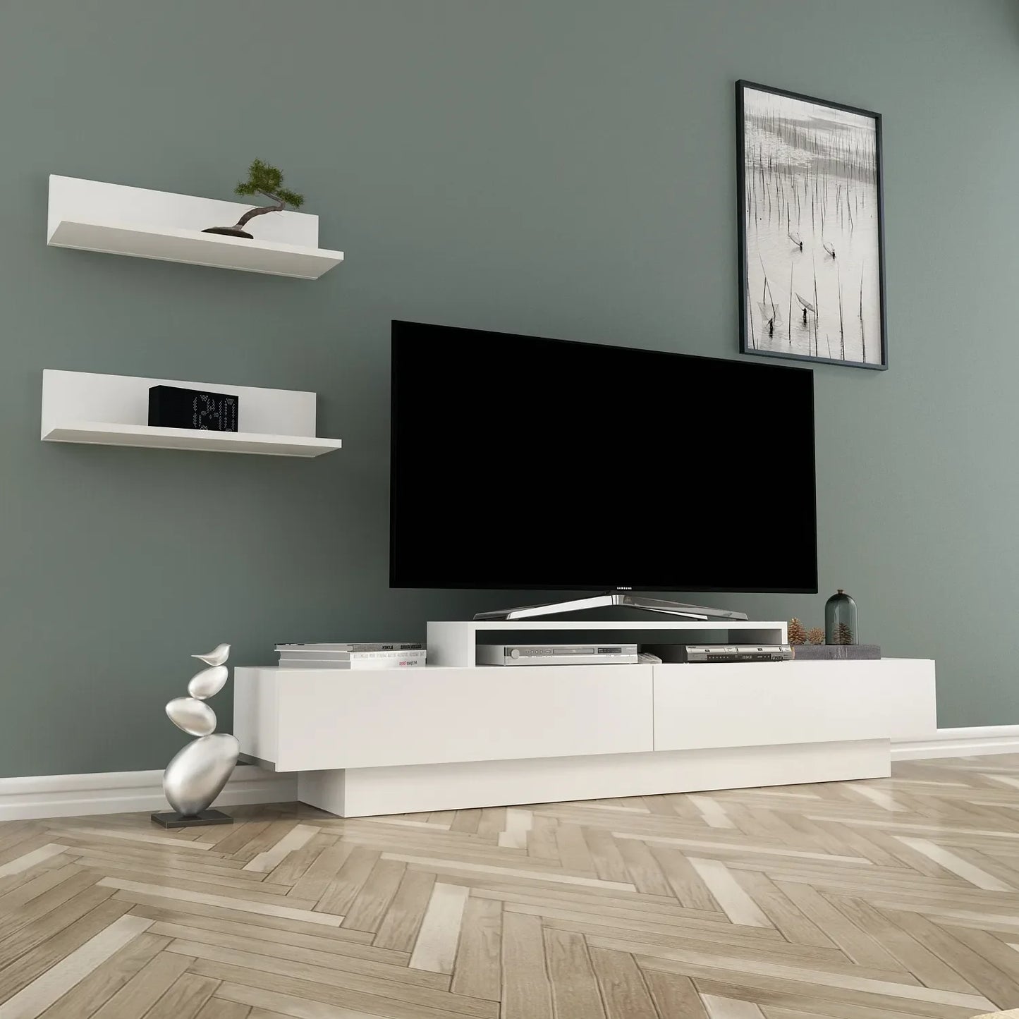 Lusi 71" Wide TV Stand for TVs up to 80" with 2 Wall Shelves
