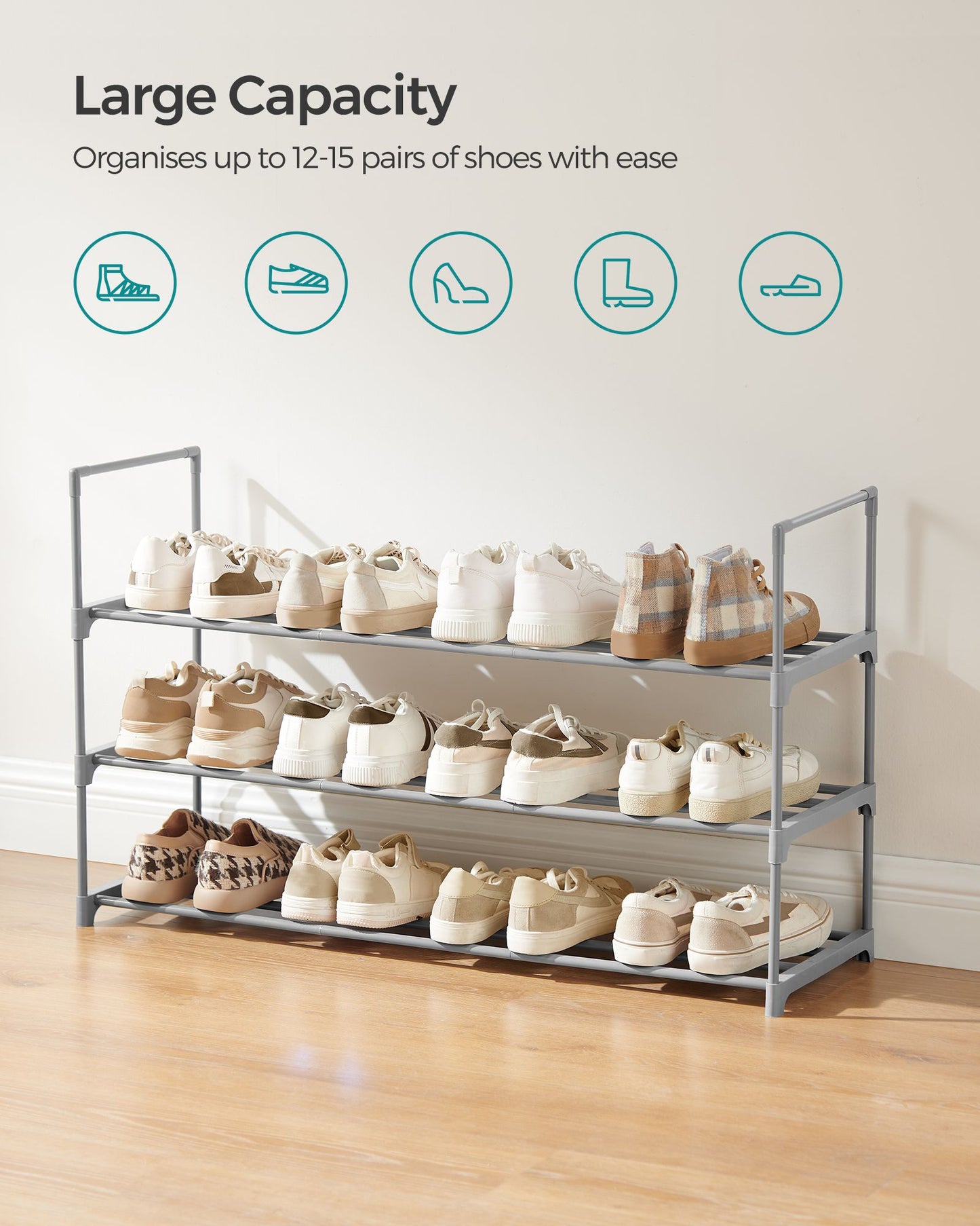 3 Tier Metal Shoe Rack for 15 Pairs of Shoes