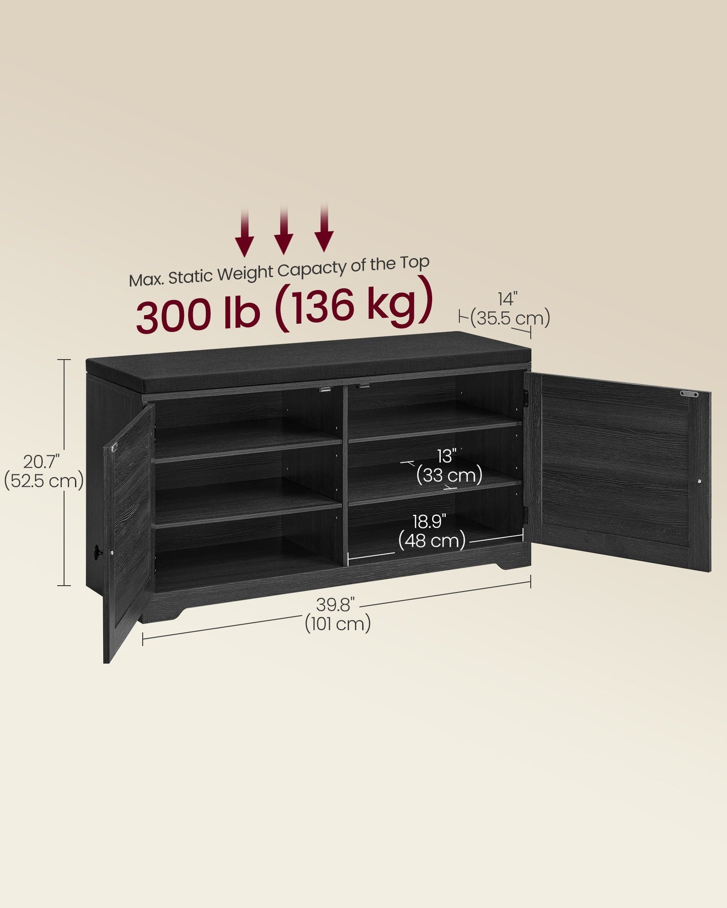 Shoe Storage Bench with Cushion, 3-Tier Entryway Bench with Padded Seat