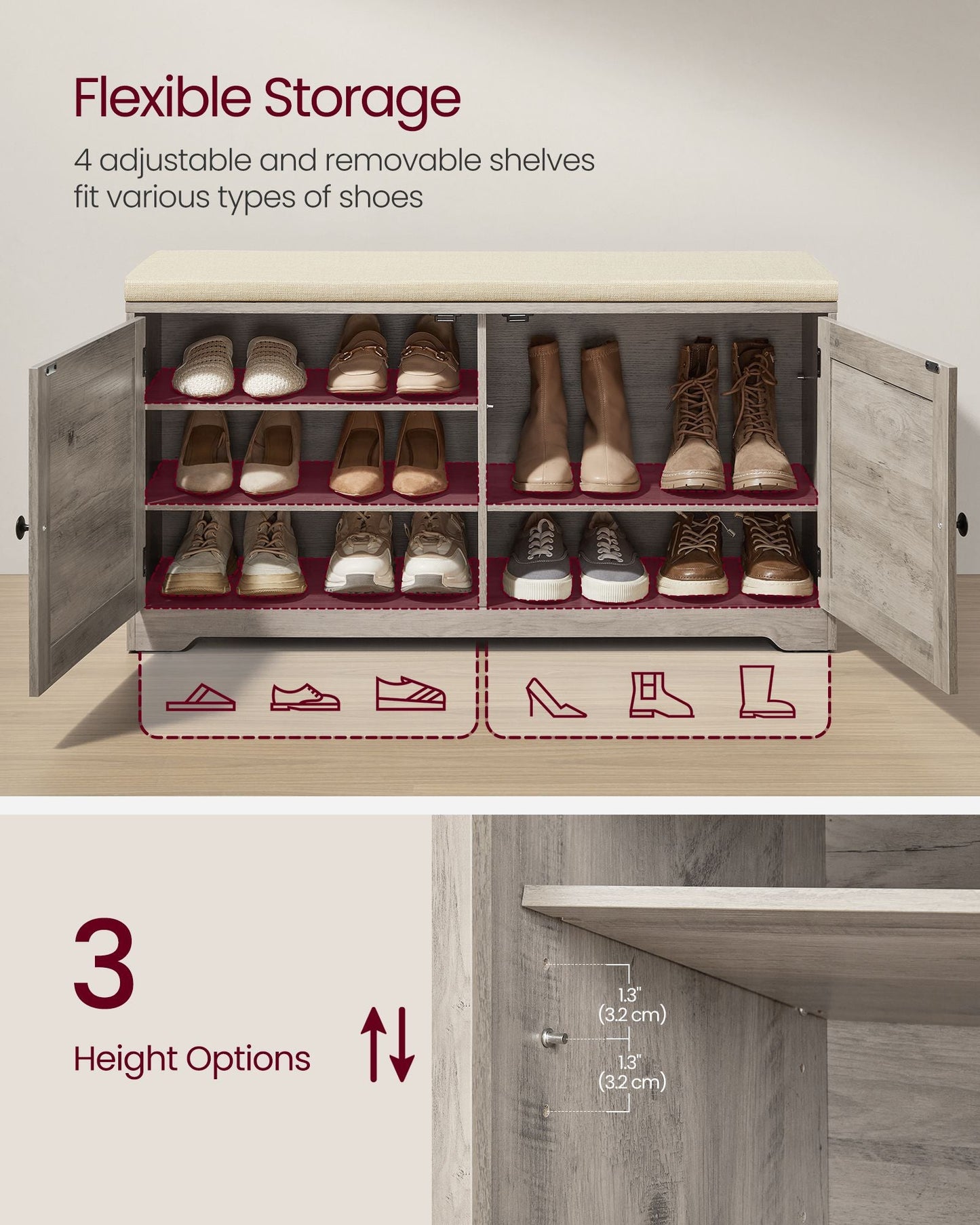 Shoe Storage Bench with Cushion, 3-Tier Entryway Bench with Padded Seat