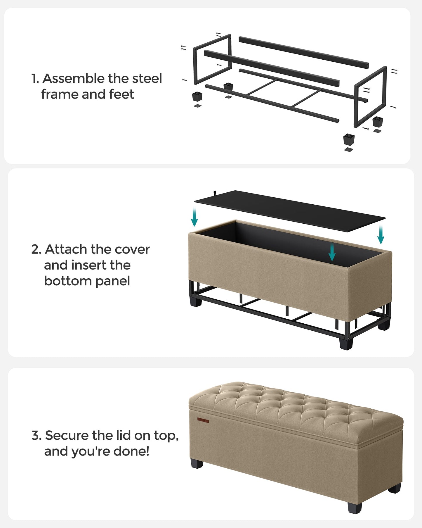Storage Ottoman Bench with Legs, Load up to 660 lb