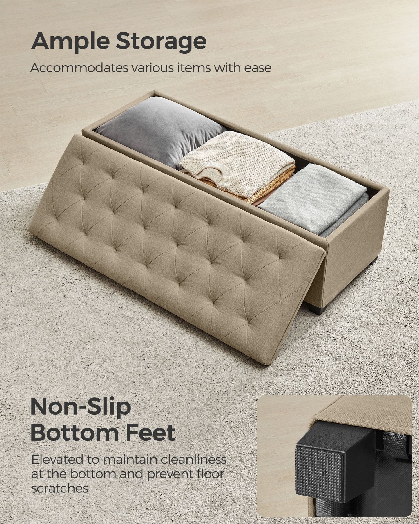 Storage Ottoman Bench with Legs, Load up to 660 lb