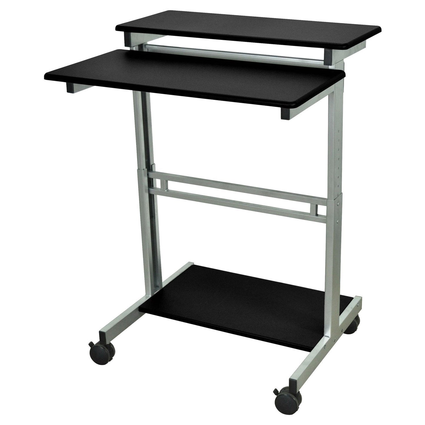 Two-tier rolling cart with black top shelves on a white background