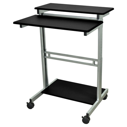 Two-tier rolling cart with black top shelves on a white background