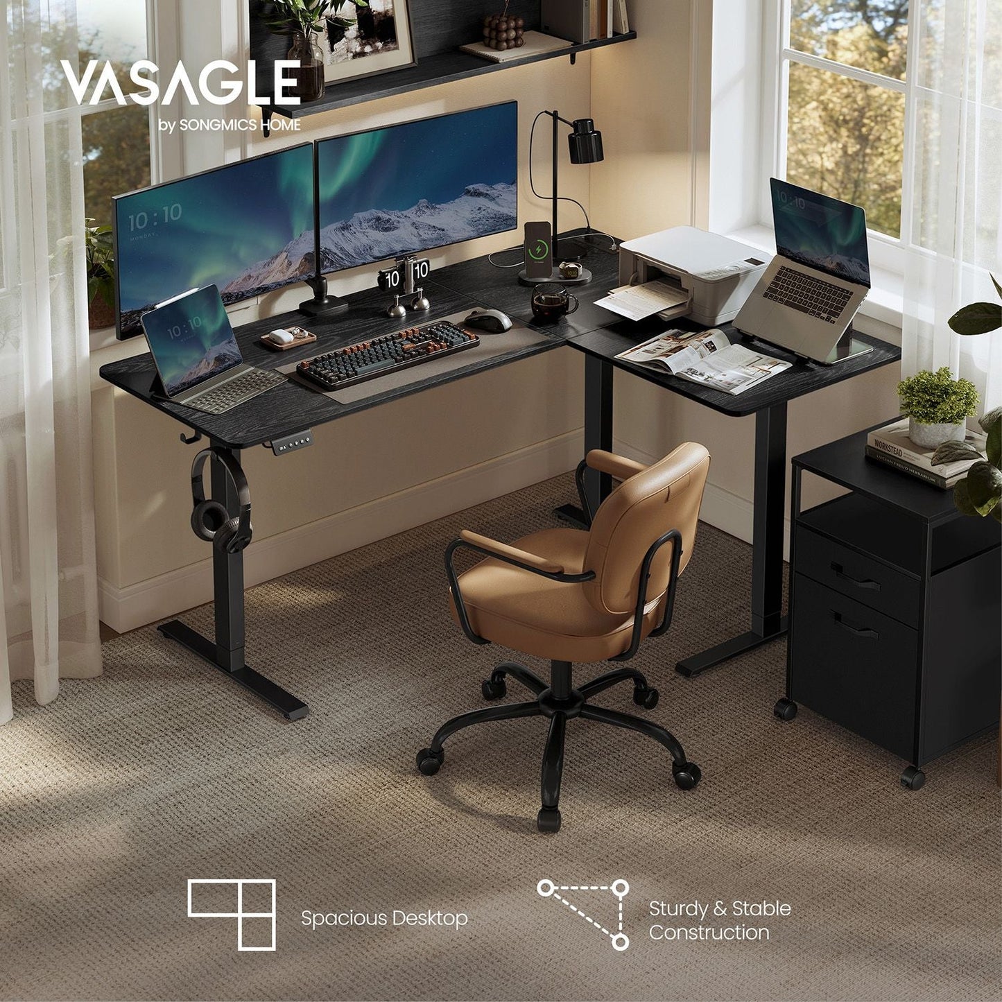 L-Shaped Electric Standing Desk with Power Outlets
