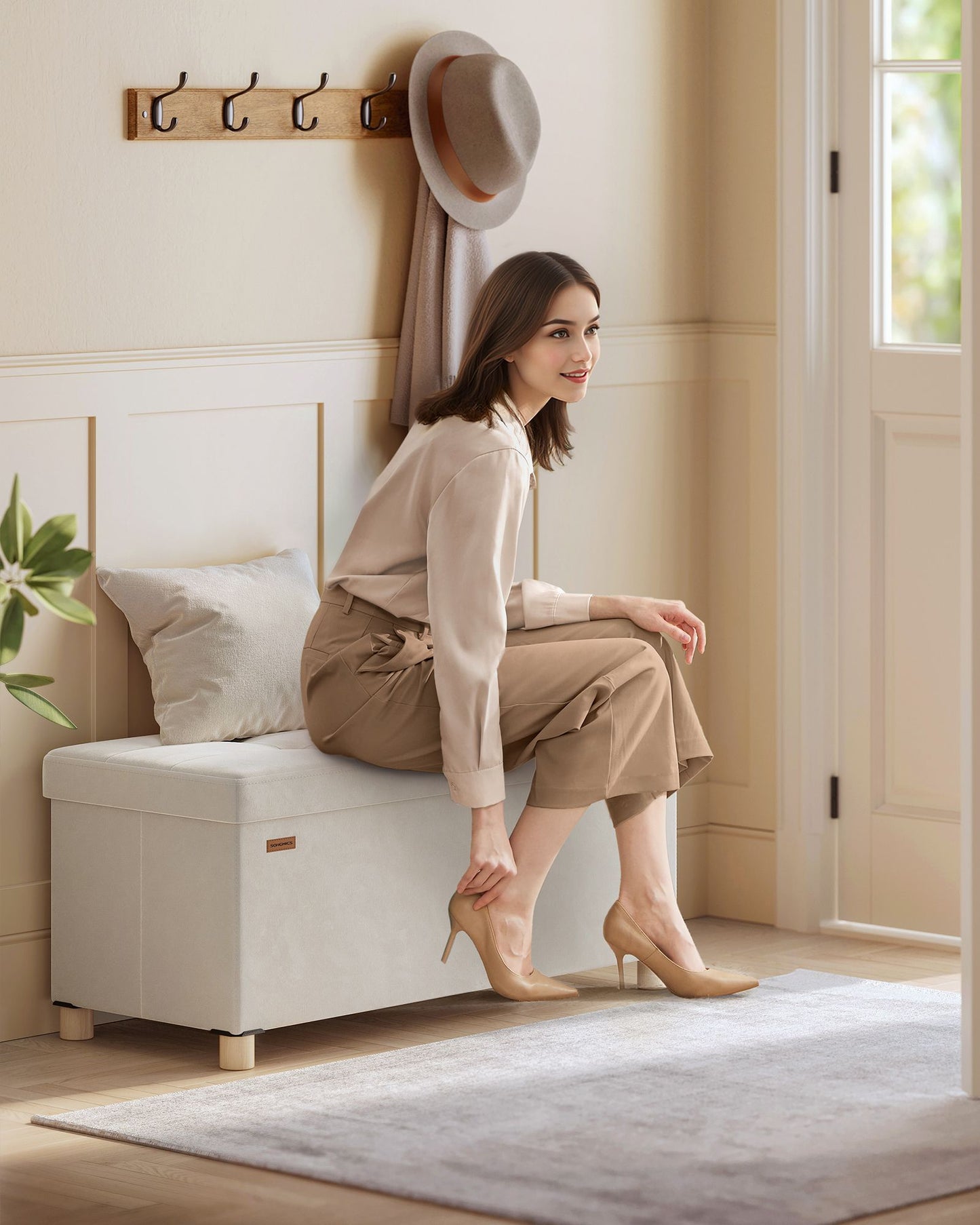 Storage Ottoman Bench, Folding Storage Chest, 15 x 30 x 15.2 Inches, Foot Rest Stool, 20 Gal. (77 L), Velvet Surface, for Bedroom, Entryway, Living Room, Cappuccino Beige