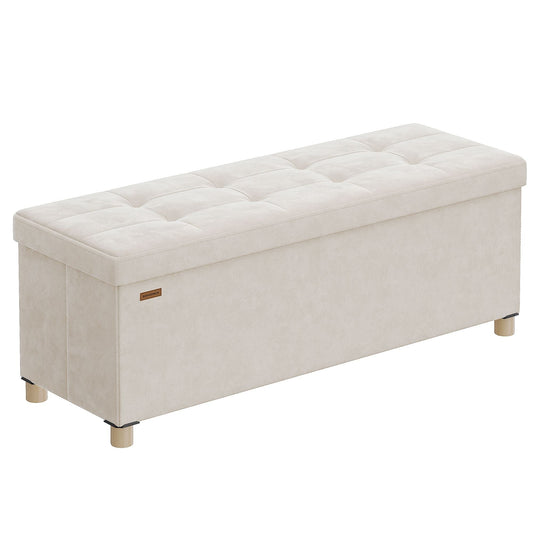Storage Ottoman Bench, Folding Storage Chest, 15 x 43.3 x 15.7 Inches, Foot Rest Stool, 30 Gal. (112 L), Velvet Surface, for Bedroom, Entryway, Living Room, Cappuccino Beige