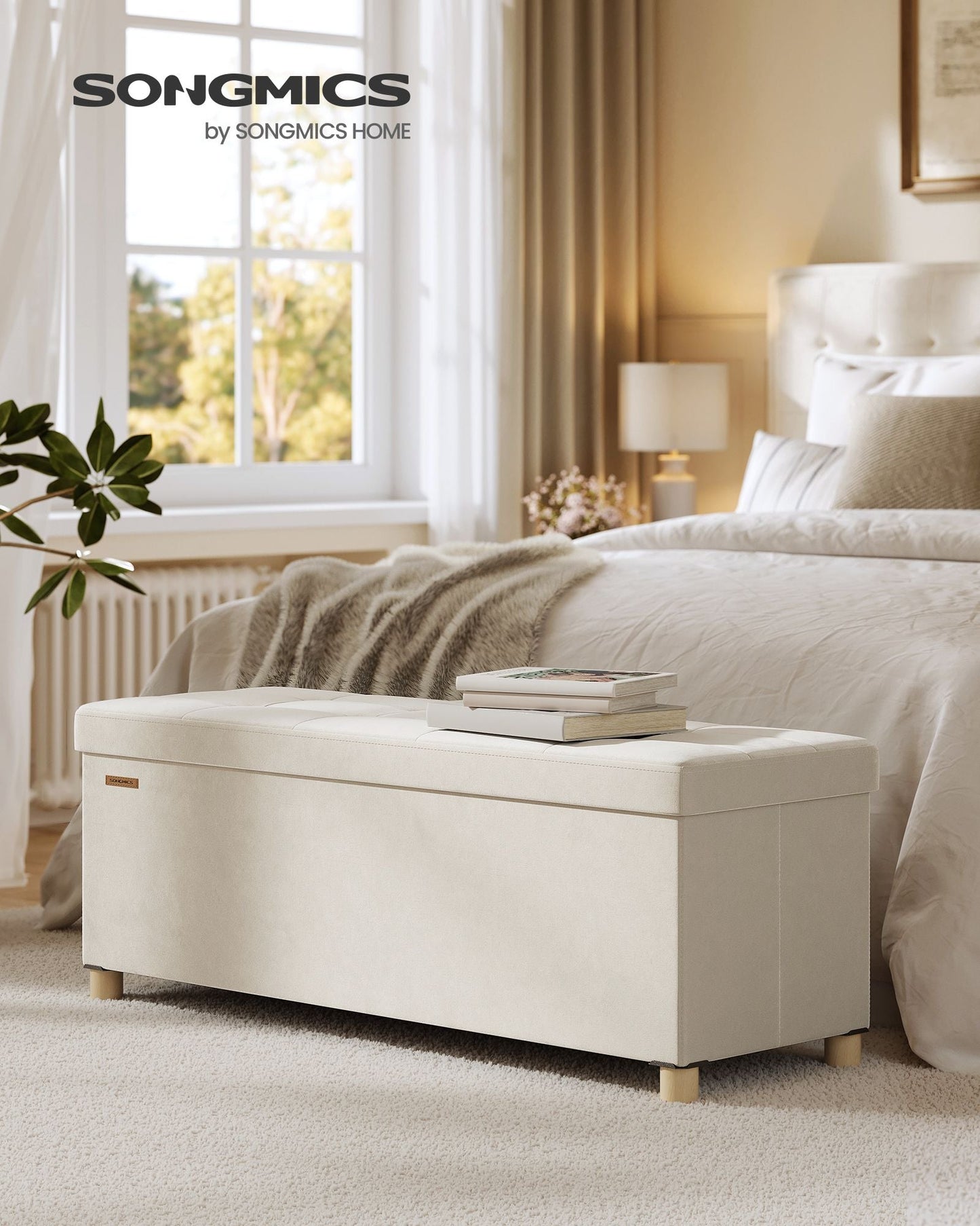 Storage Ottoman Bench, Folding Storage Chest, 15 x 43.3 x 15.7 Inches, Foot Rest Stool, 30 Gal. (112 L), Velvet Surface, for Bedroom, Entryway, Living Room, Cappuccino Beige