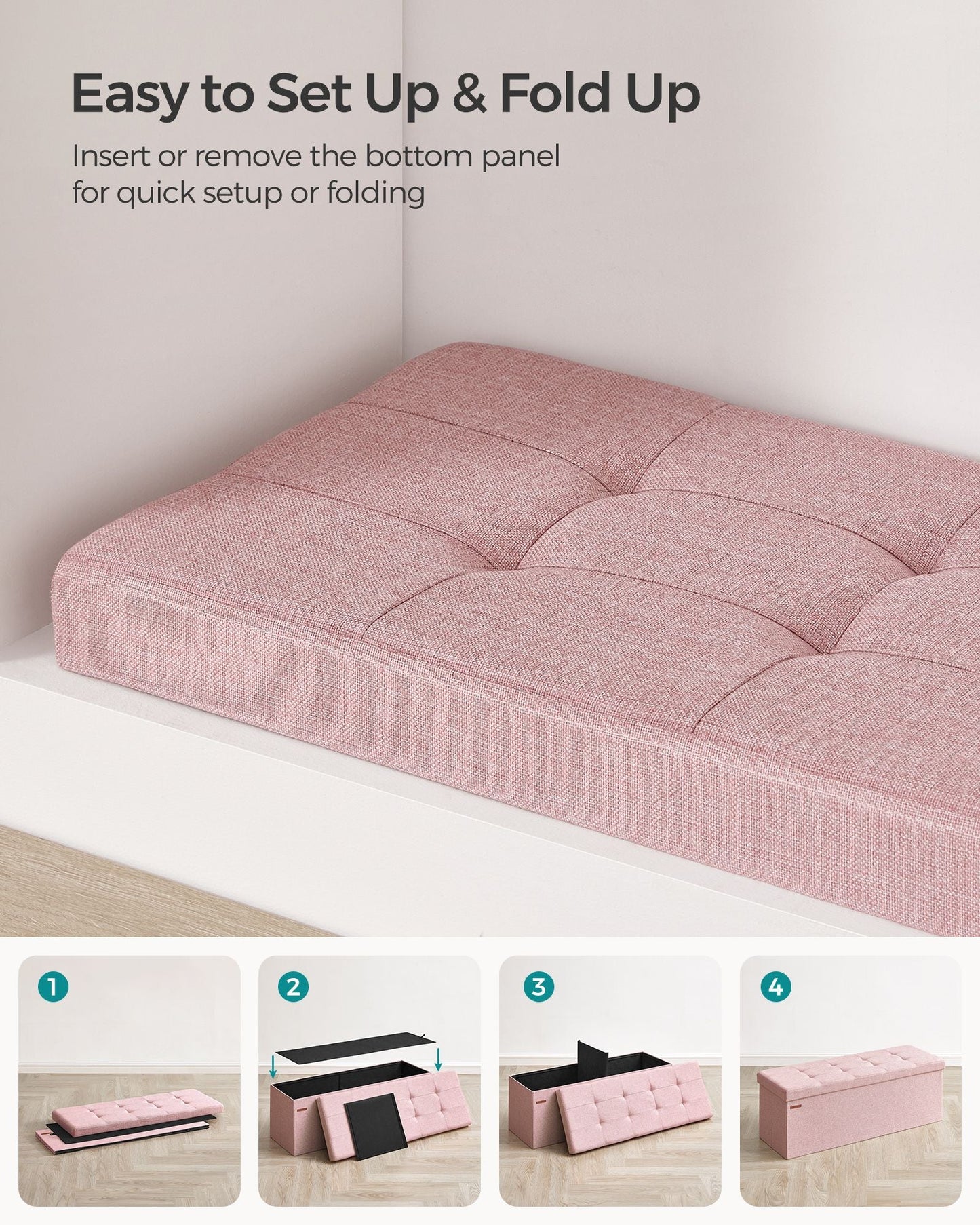 MAZIE Collection 43" Wide Folding Storage Ottoman Bench Jelly Pink