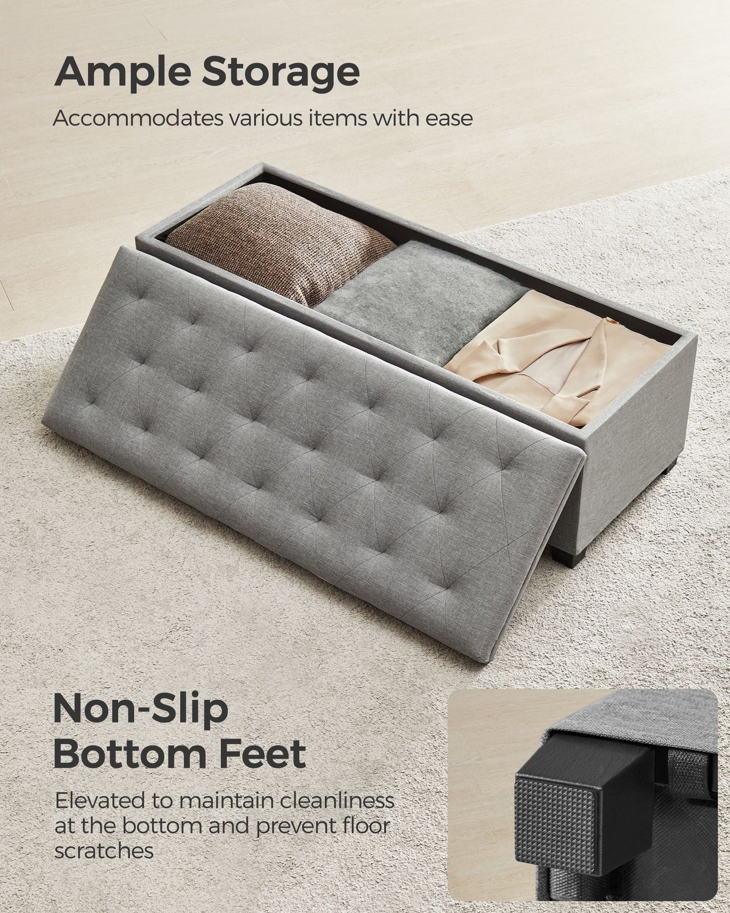 Storage Ottoman Bench with Legs, Load up to 660 lb