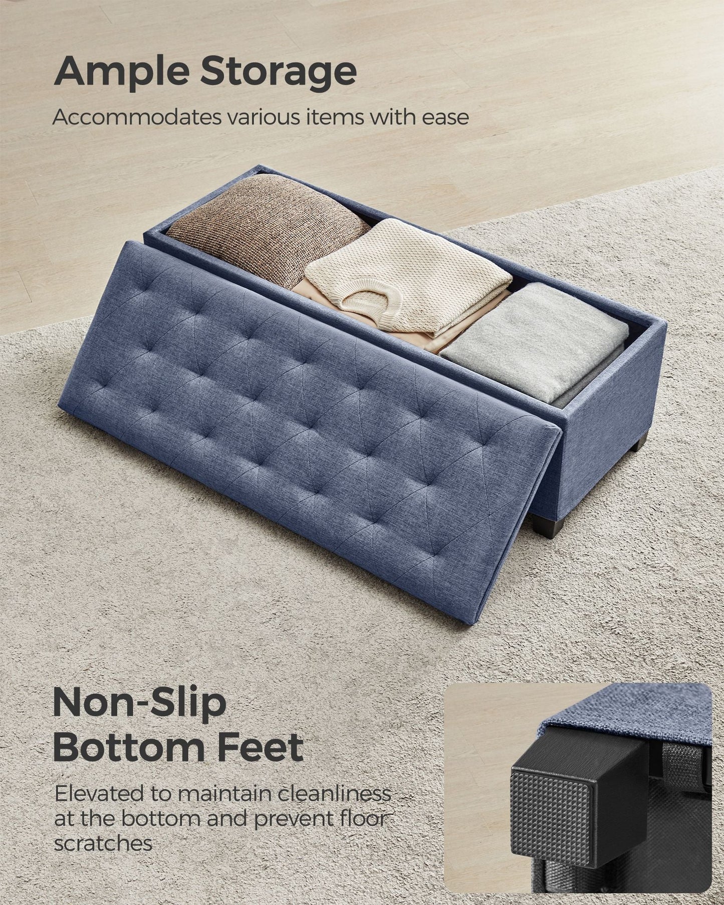 Storage Ottoman Bench with Legs, Load up to 660 lb
