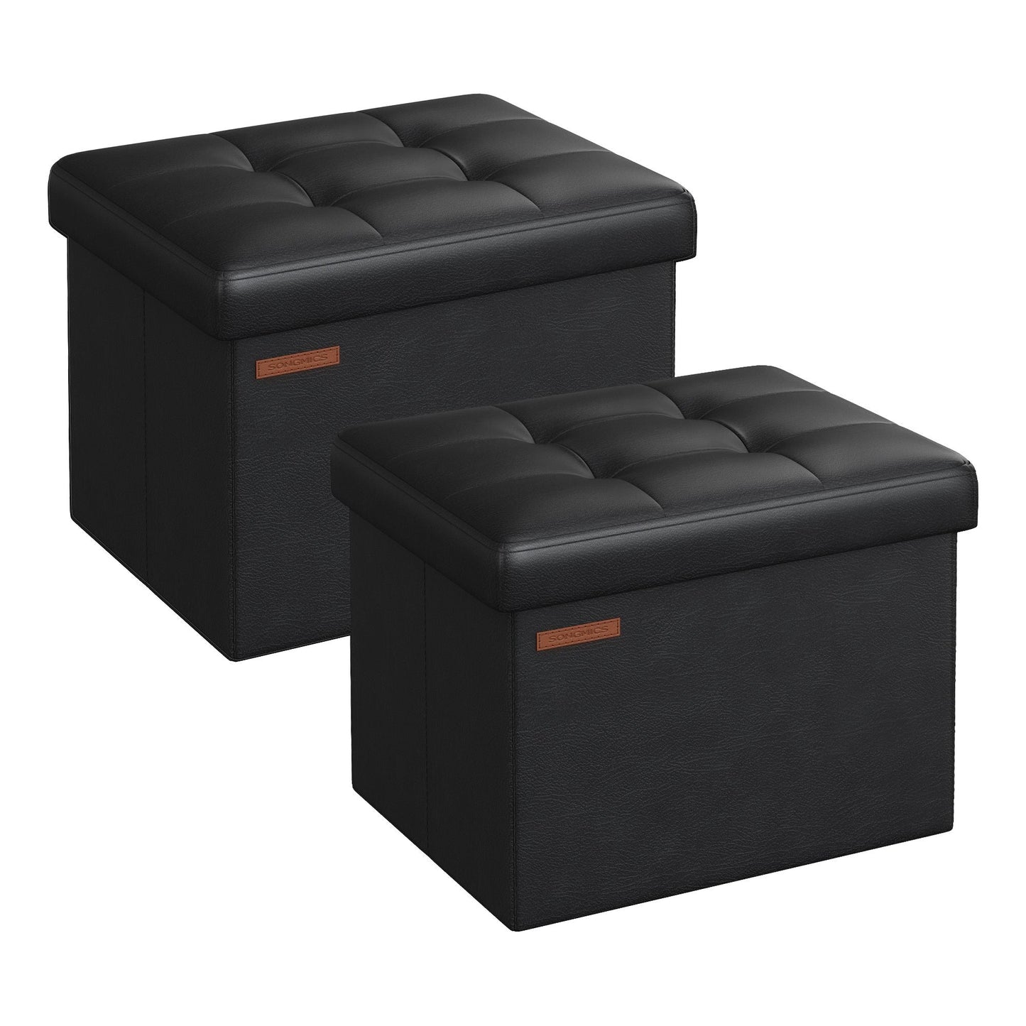 Small Folding Storage Ottoman, Set of 2, Foot Rest Stool, Cube Footrest, Synthetic Leather, 12.2 x 16.1 x 12.2 Inches, 286 lb Capacity, Living Room, Bedroom, Dorm, Ink Black