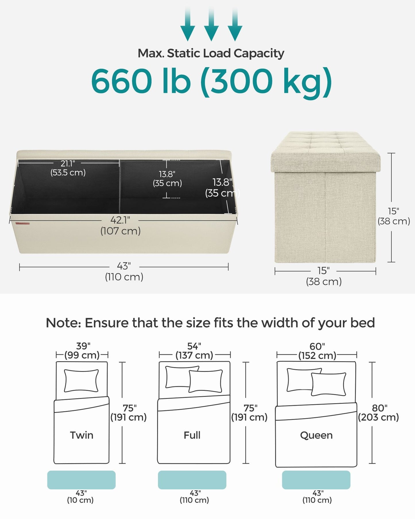 43 Inches Folding Storage Ottoman Bench