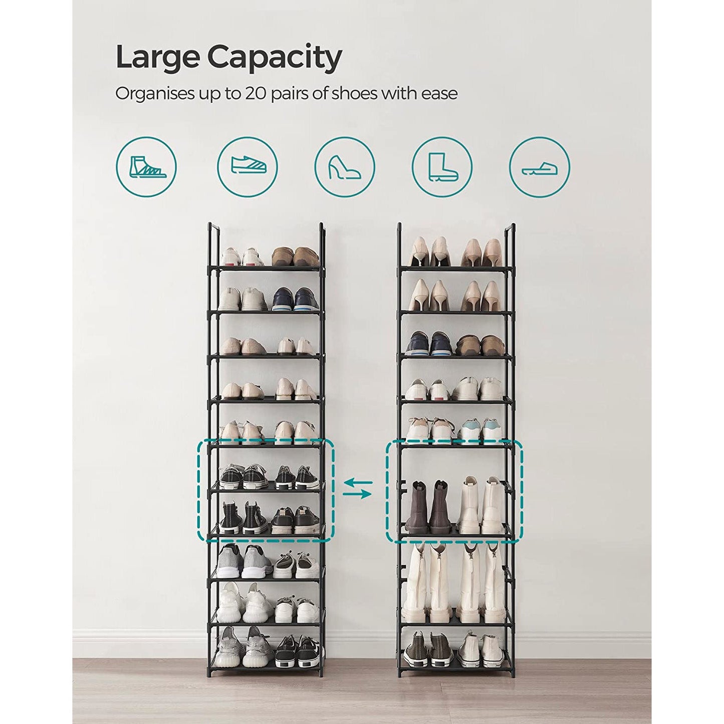 10-Tier Shoe Shelf with Metal Frame